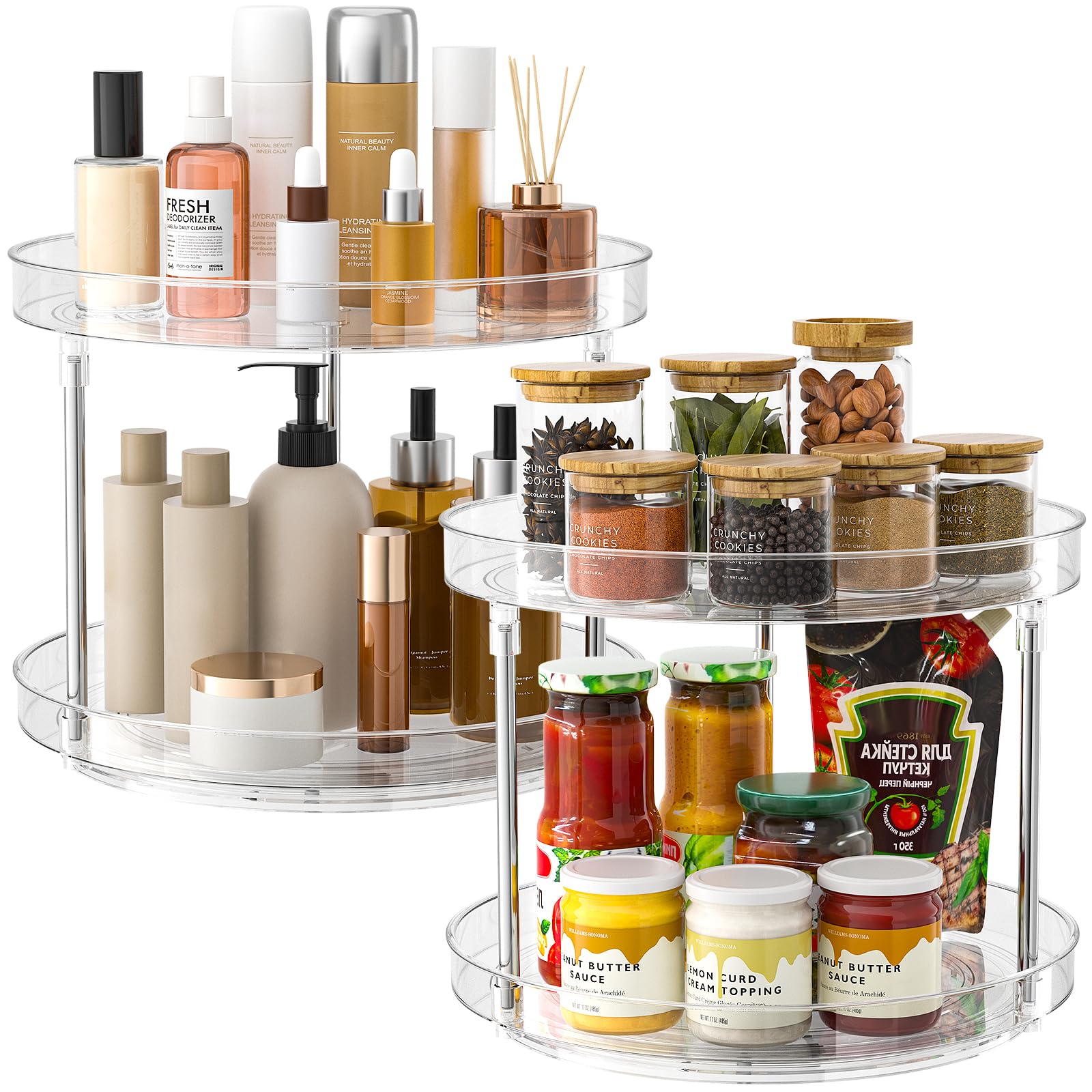 Slow Slog 2 Pack 2 Tier Lazy Susan Turntable Organizer, Clear Rotating Lazy Susan, Spice Rack for Cabinet, Makeup and Perfume Organizer for Vanity,