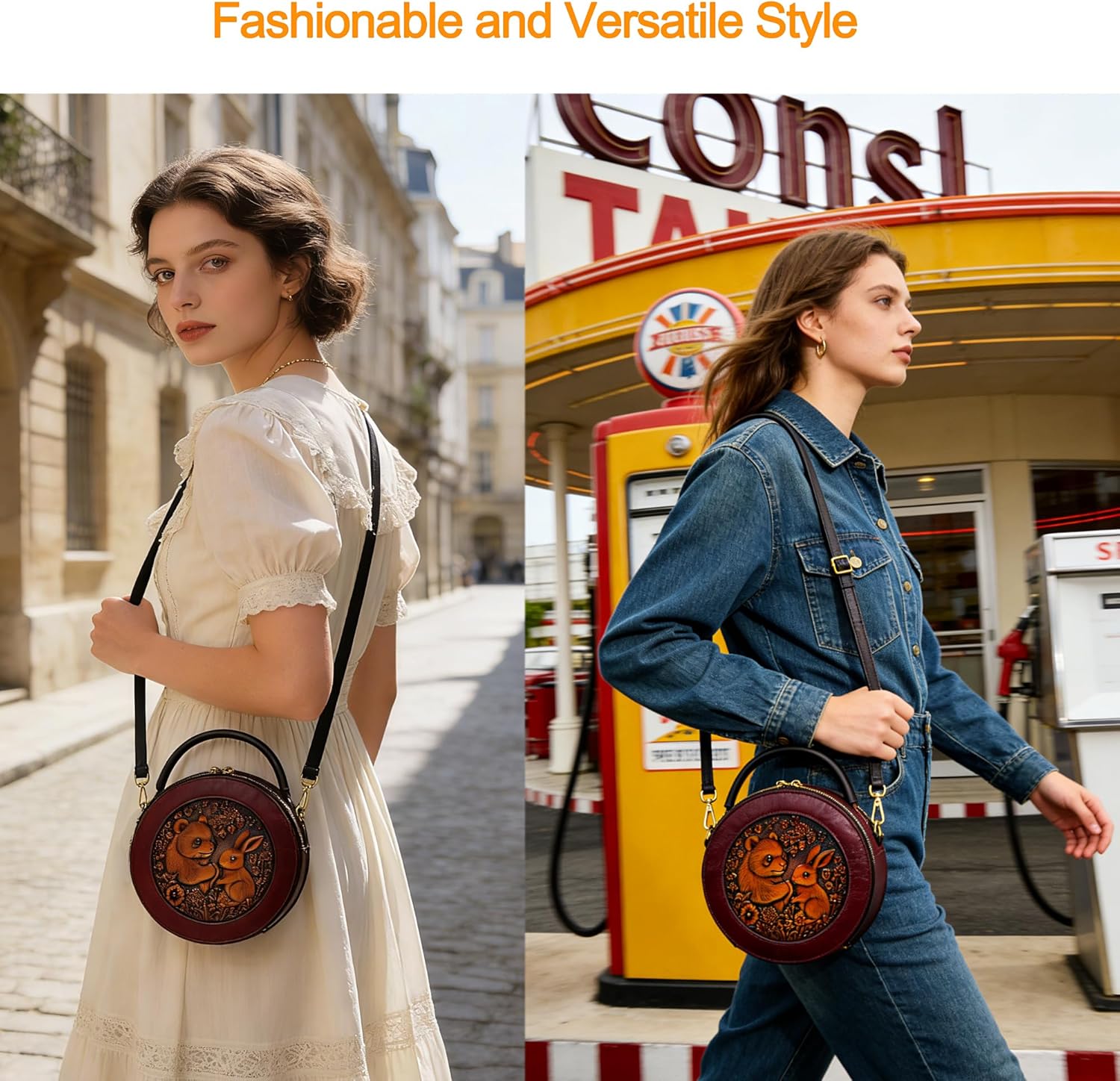 Circle Crossbody Bag for Women,Retro Rabbit Printing Handbags and Shoulder Bag,Circle Purse with Adjustable Shoulder Straps
