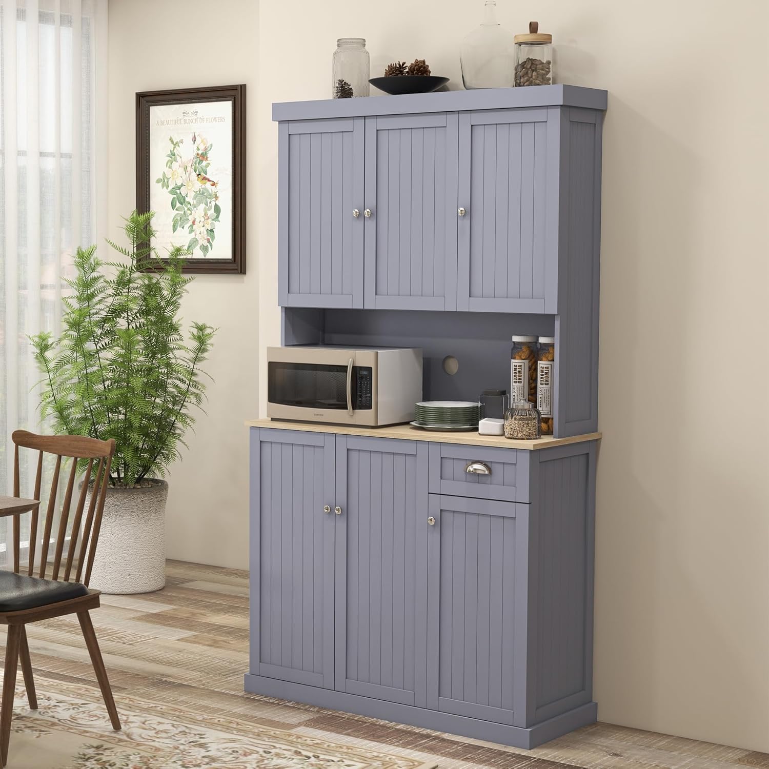 71" Black Modern Farmhouse Kitchen Pantry Storage Cabinet with Hutch