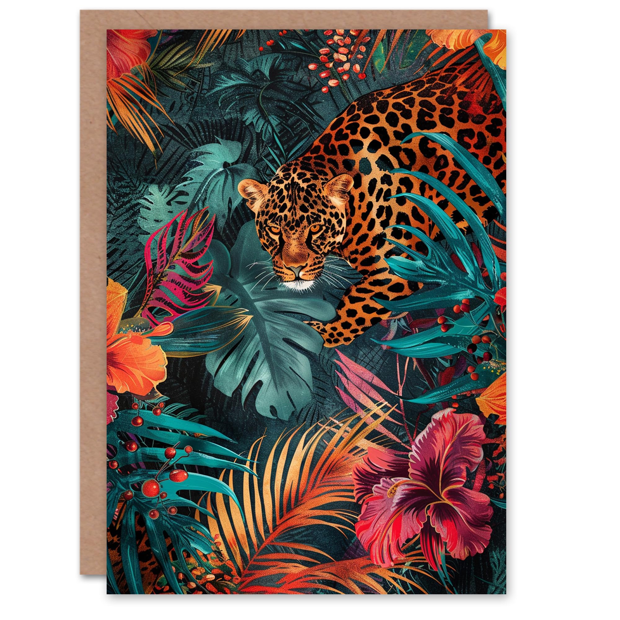 Artery8 Birthday Card Dark Prowling Leopard in Tropical Flowers Jungle Exotic For Her Gran Sister Niece Daughter Wife Woman Greeting Card