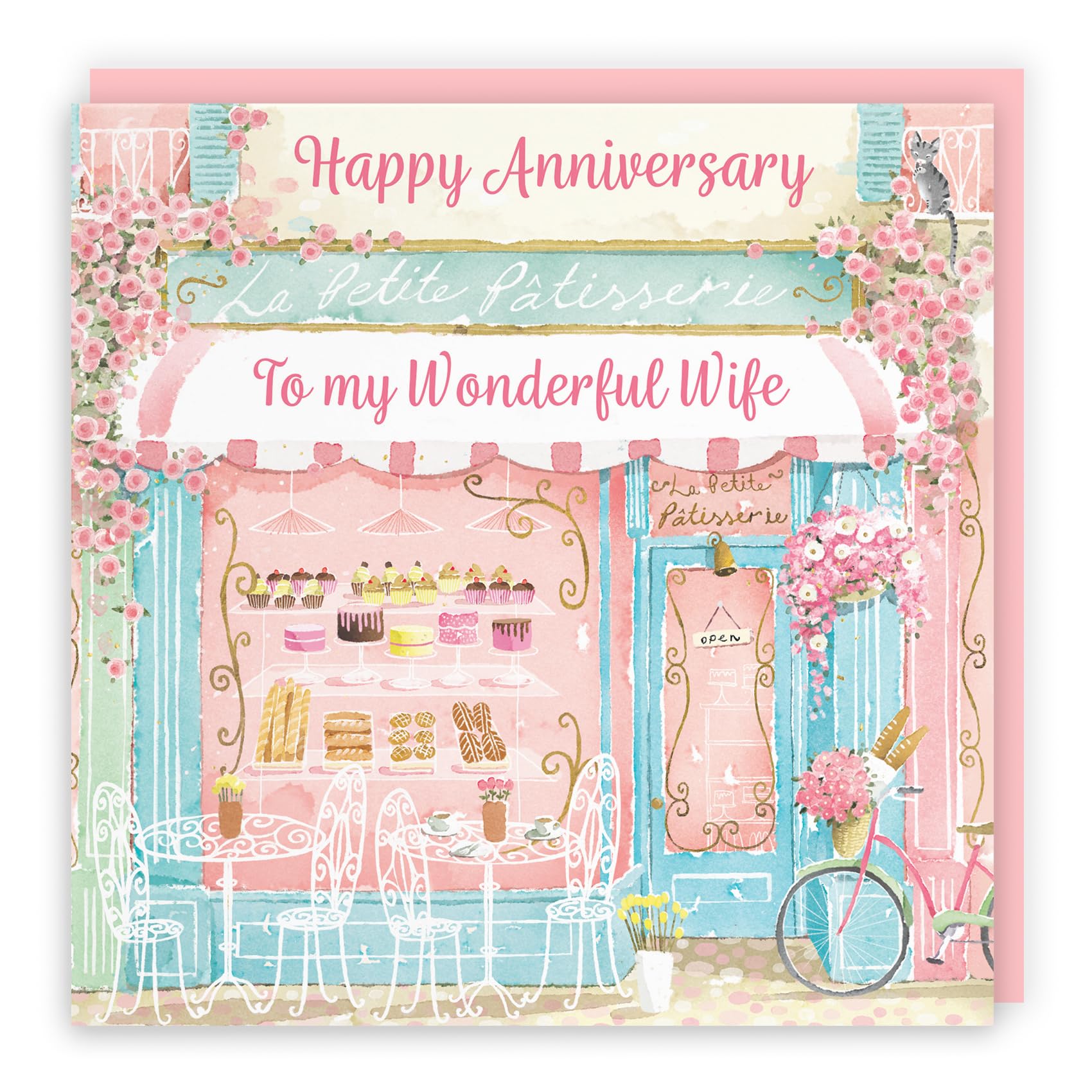 Hunts England, La Petite Patisserie Wife Anniversary Card, Charming Pink Bakery, Pretty French Cafe Female Floral Design