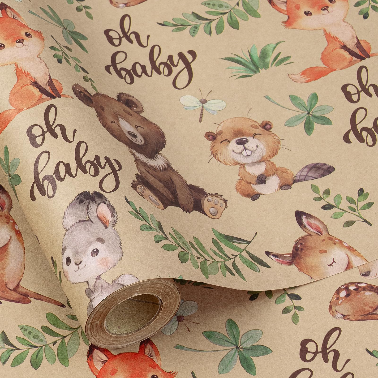 RUSPEPA Jungle Animal Wrapping Paper Roll, Mini Roll, Woodland Animal Design with "Oh Baby" Text Design Kraft Gift Wrap for Baby Shower, Newborn Gifts and Gender Reveal, 43.2cm x 5m