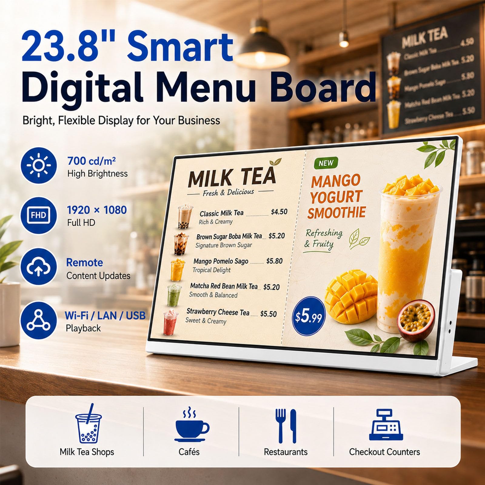 Pantalla publicitaria Comercial Cristal Templado antiarañazos | Encendido automático marco 2 mm para visualización de menús en tiendas y hoteles