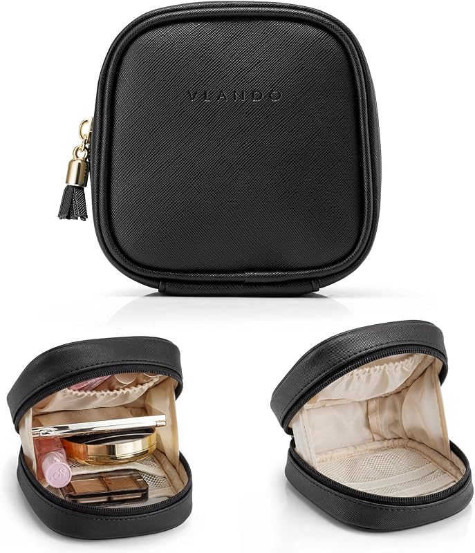 Necessaire de maquiagem VLANDO Mini, preta, com bolsos e zíper