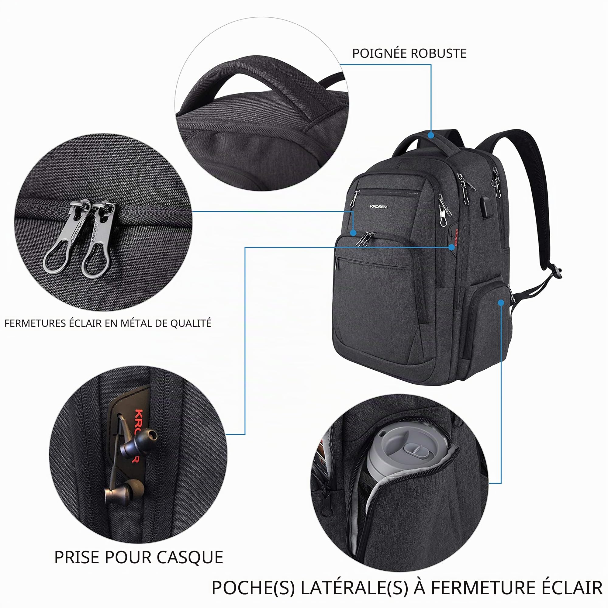 KROSER Sac à dos ordinateur portable 17,3" imperméable USB RFID
