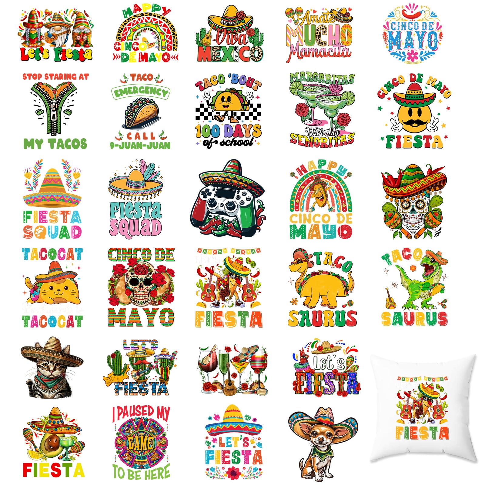 28 Sheets Cinco de Mayo Iron on Transfers DTF Transfers Ready to Press Mexican Fiesta Iron on Decals for T-Shirts Mexico Heat Transfer Vinyl Iron on Decals for DIY Patches Decals