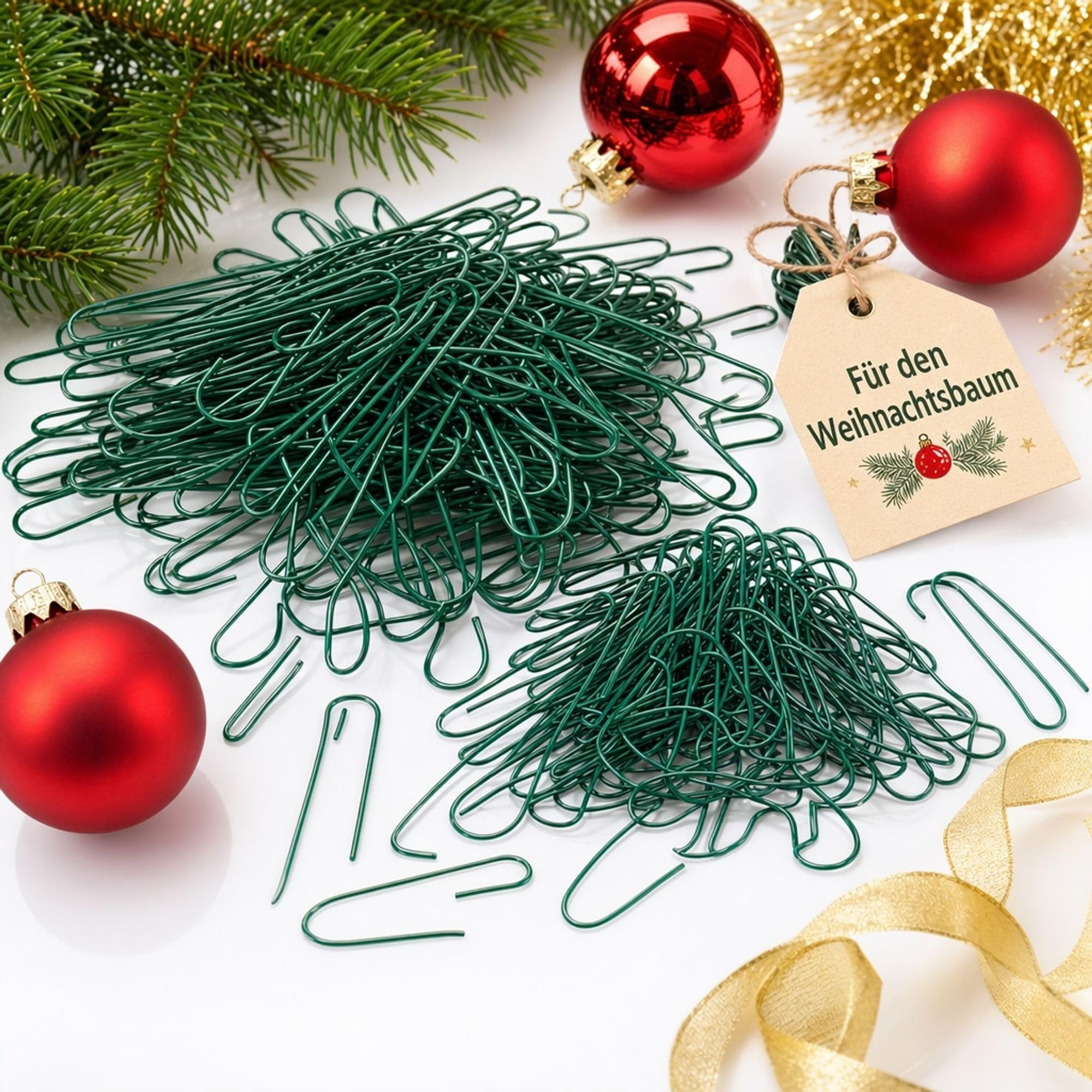 MC Trend Pack of 200 Bauble Hangers in Green - 100 Small / 100 Large for Christmas Tree Baubles, Ornaments, Figures - Tree Hooks, Quick Decoration