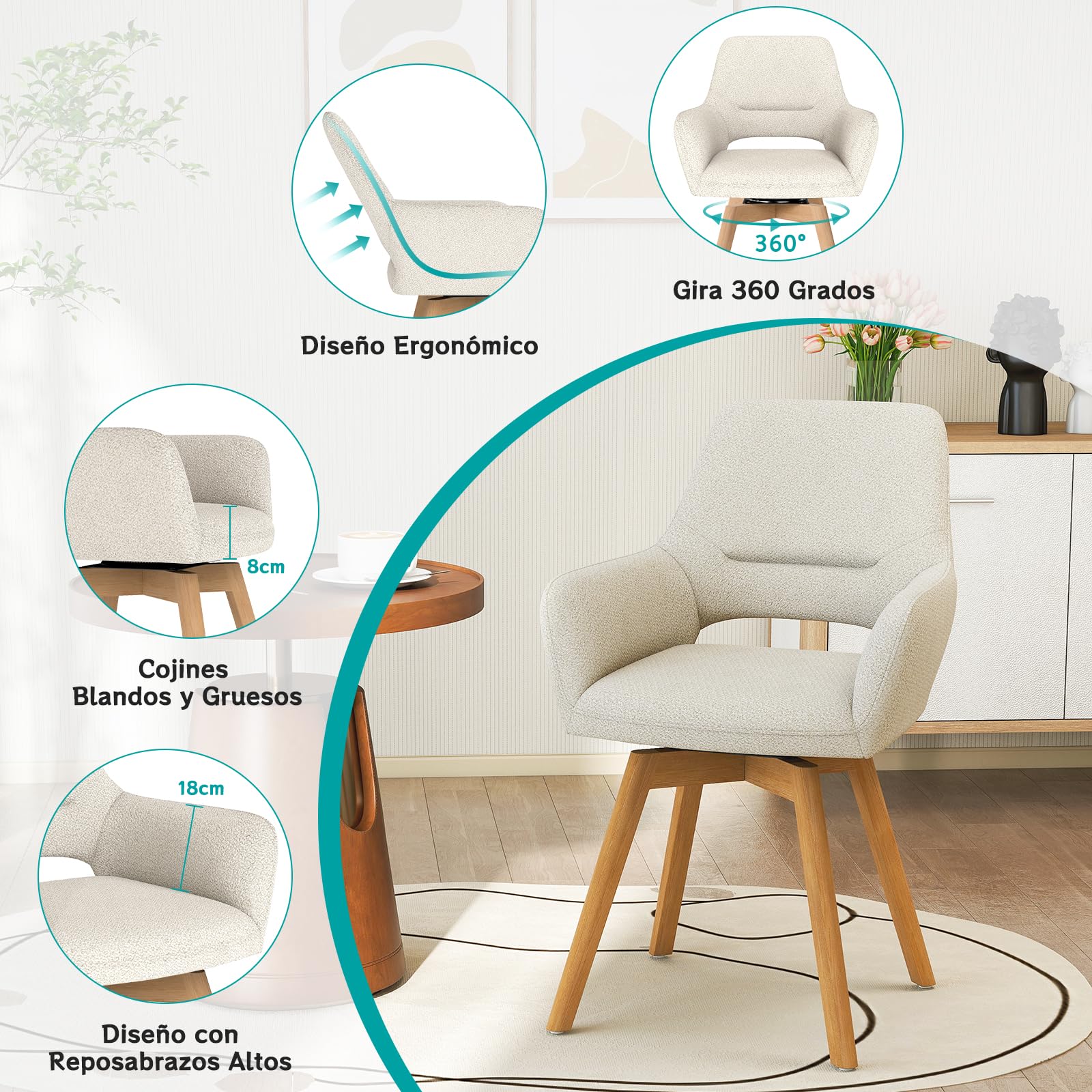 JIJIAN Juego de 2 Sillas de Comedor Giratorias 360° con Reposabrazos | Silla Acolchada con Patas de Haya, para Salón, Cocina, Dormitorio y Estudio, Beige