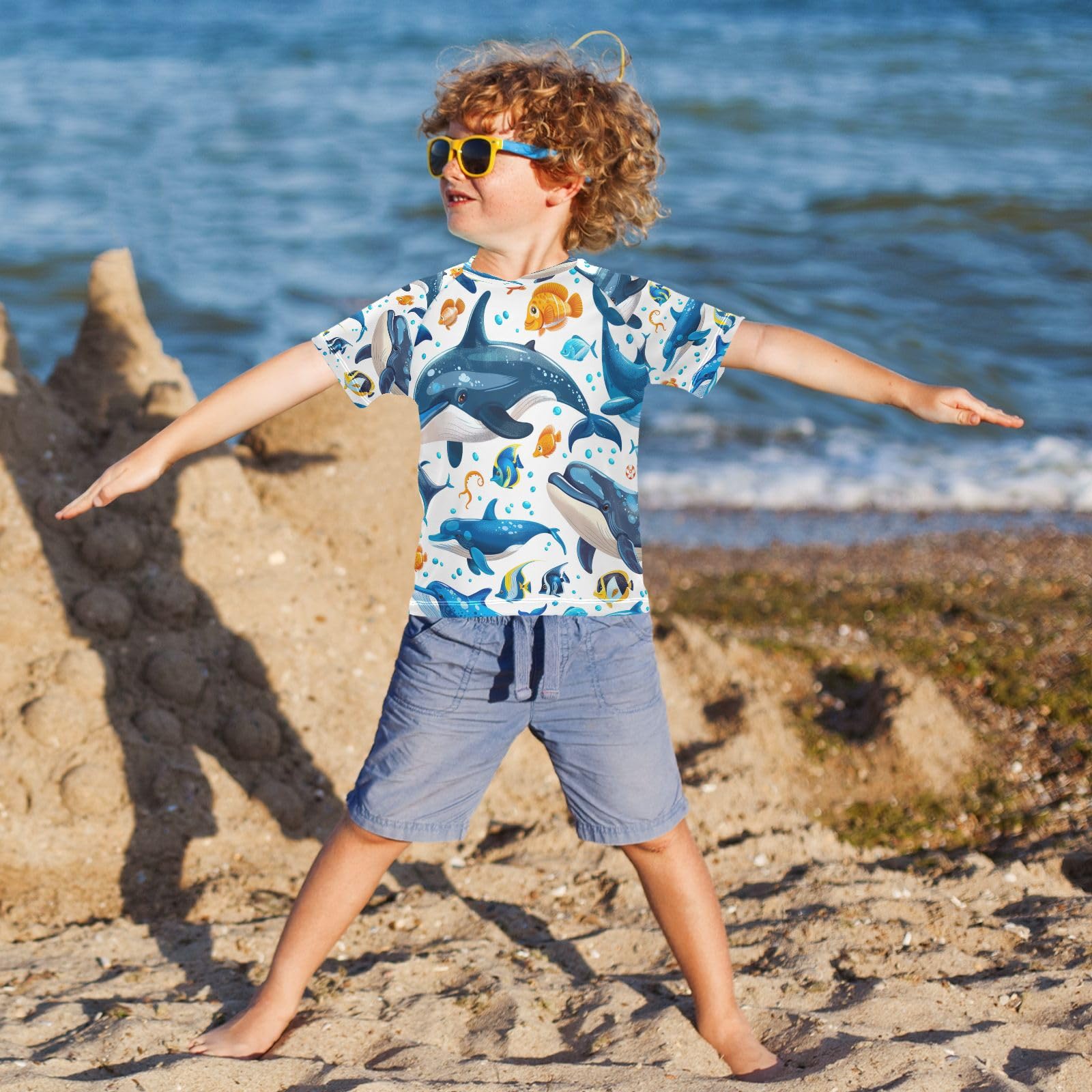 Toddler Boy Rash Guard Short Sleeve Swim Shirt Ocean Theme Print Rashguard 9-10T Beach Shirts Quick Dry,180