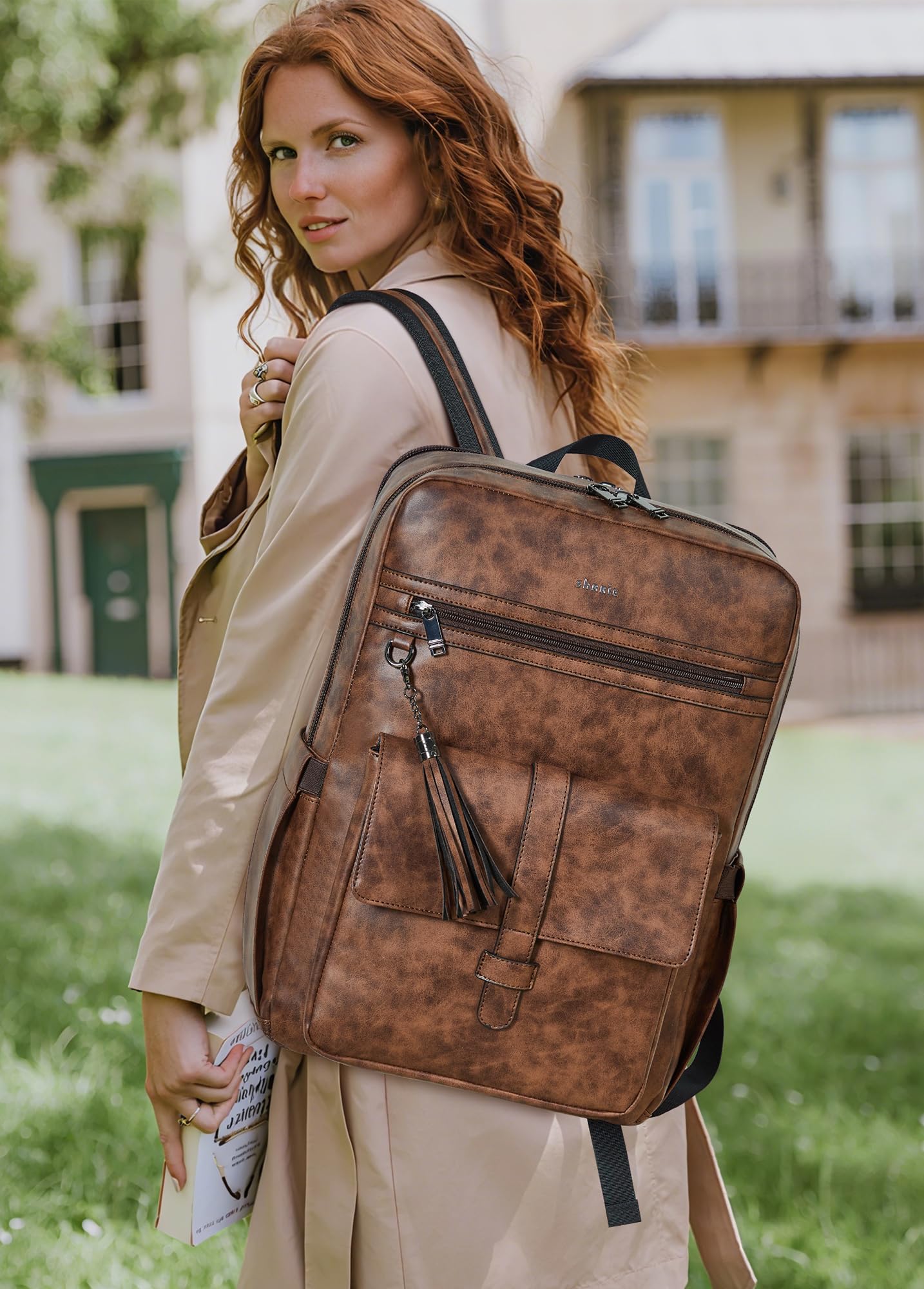 Shrrie Mochila de piel vegana para portátil de 16 pulgadas con cargador USB, ligera e inteligente parade para hombre y mujer para negocios, trabajo, oficina y universidad, Bicolor Marrón