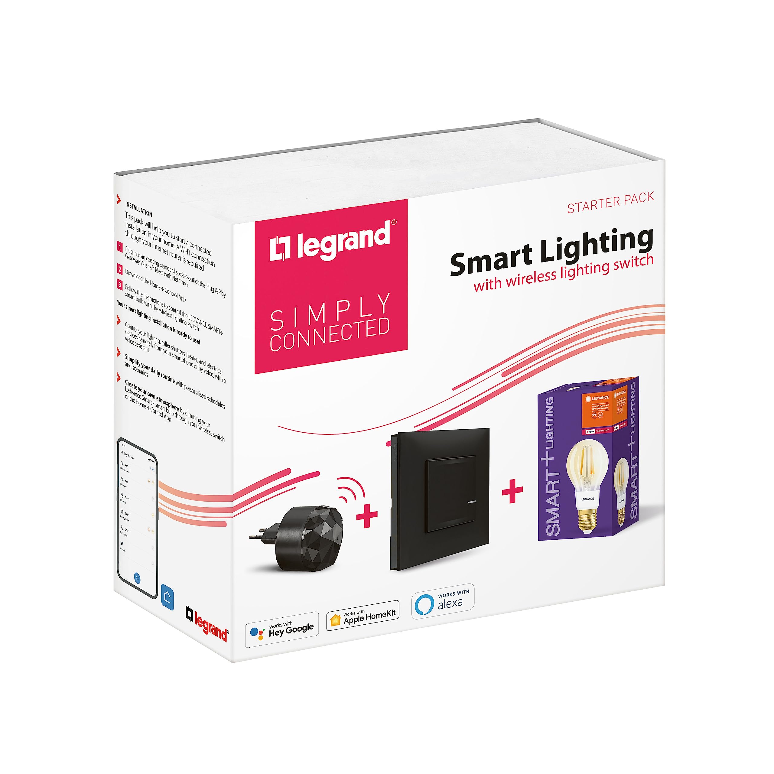 Legrand 199212 - Pakiet startowy Valena Next z Netatmo: 1 Gateway Plug + 1 Bezprzewodowe polecenia oświetleniowe + 1 Inteligentna żarówka Vintage E27/Czarny