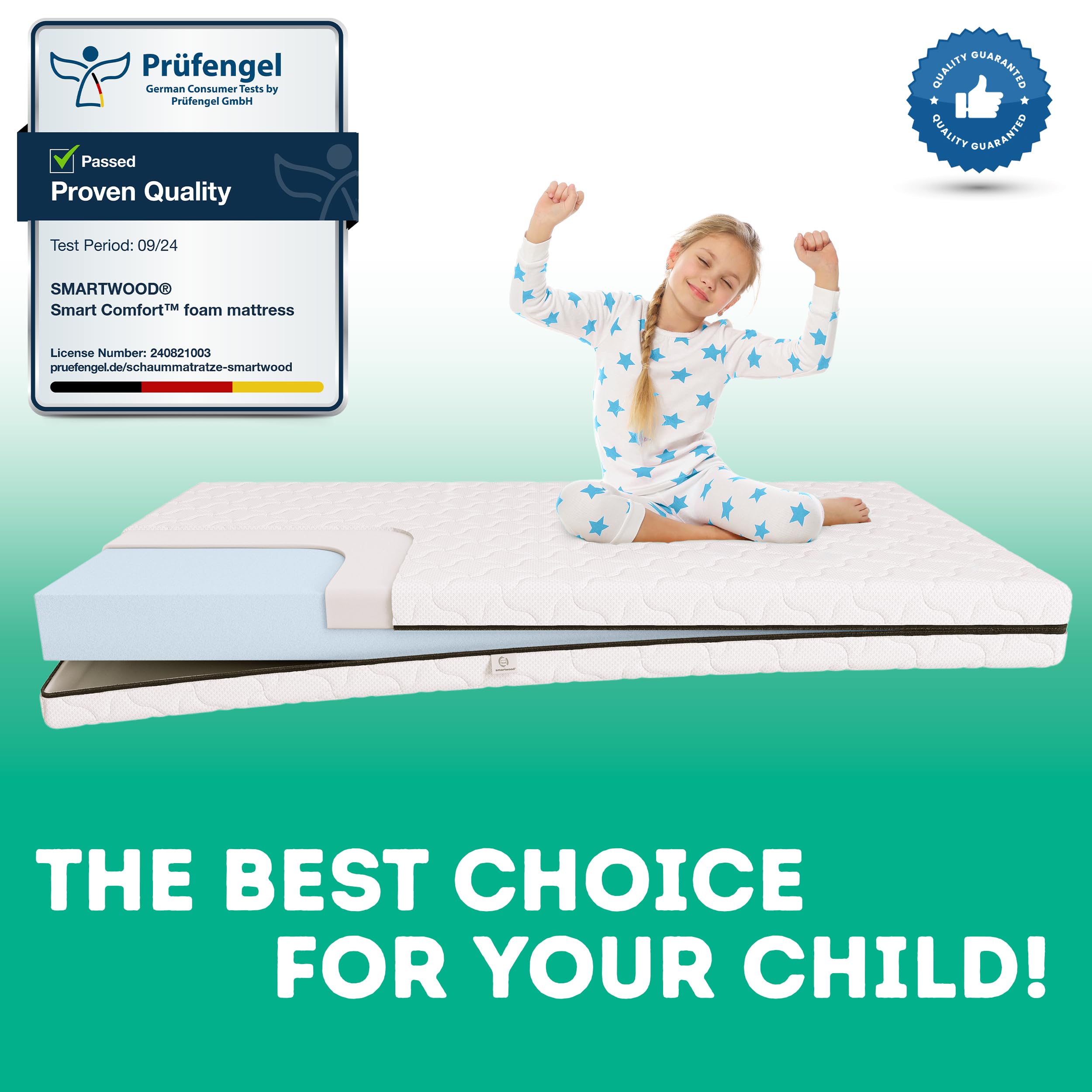 Smartwood Matras 90 x 200 cm voor kinderen, schuimmatras 12 cm met hoeslaken, halfgesloten H2, Oeko-Tex gecertificeerd, omkeerbaar, wasbaar, anti-allergisch en ademend, gemaakt in de EU
