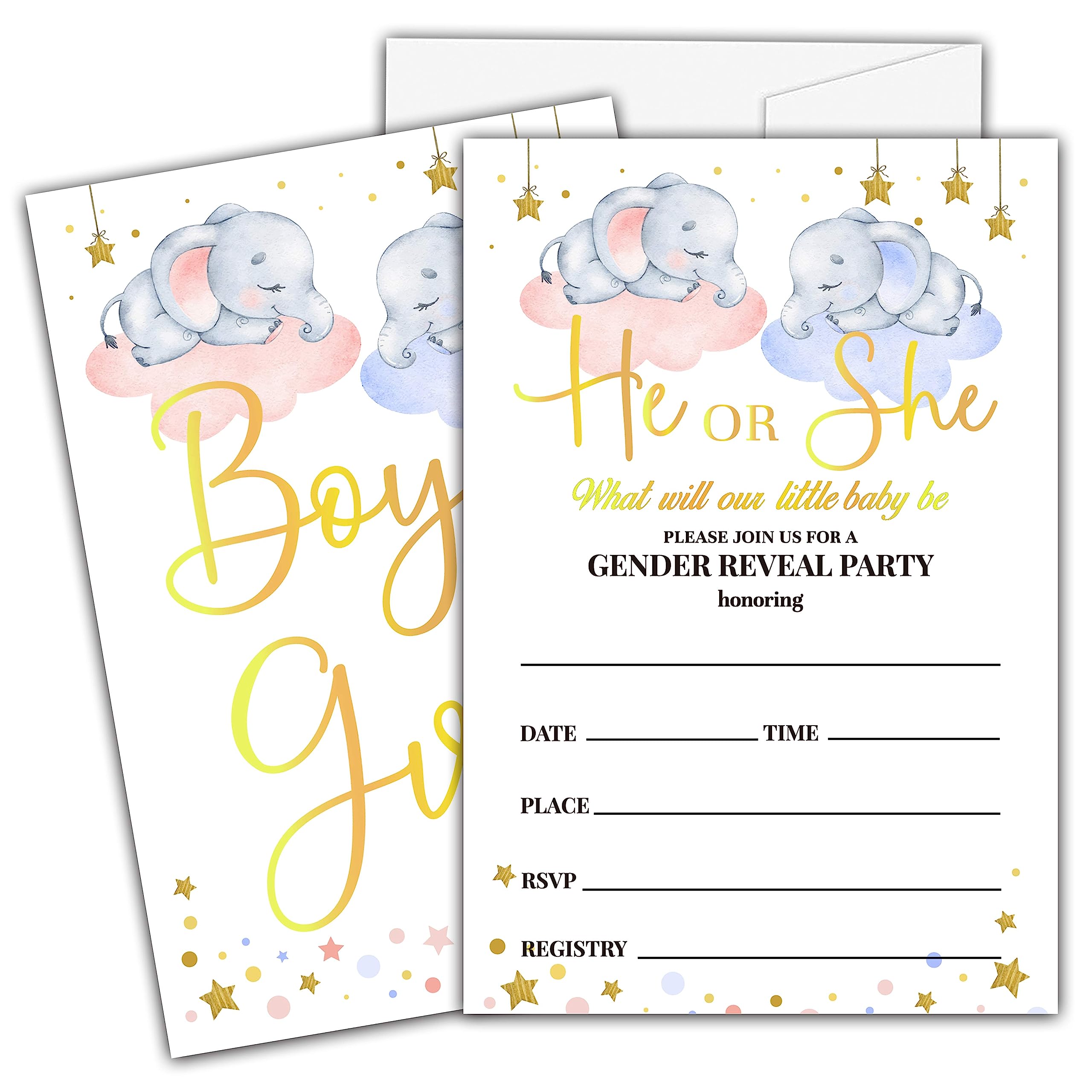 Ycyfckdr Elephant Gender Reveal Invitations For Girls Boys, He Or She Baby Shower Party Invitation Cards, Gender Reveal Party Decor Supplies - 25 Fill