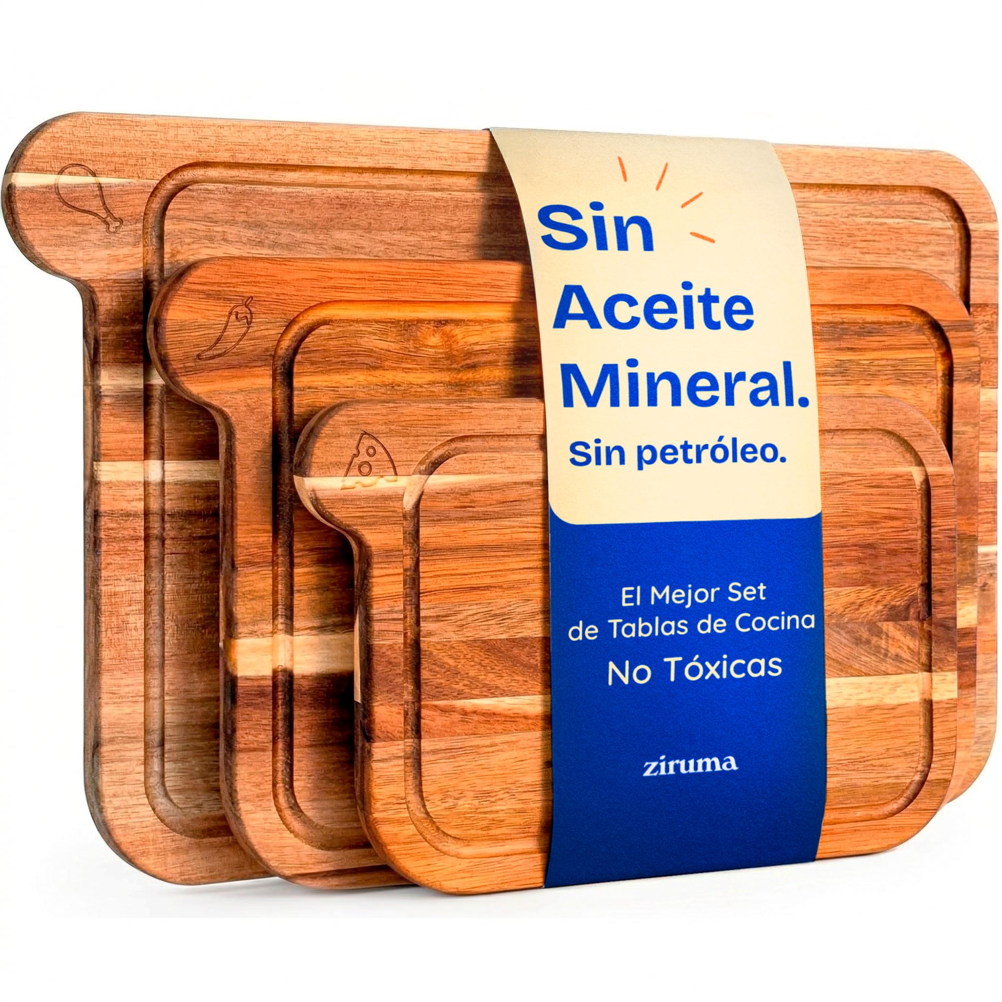 Tablas de Cortar No Tóxicas – Set de 3 Tablas de Cortar Sin Aceite Mineral, de Madera de Acacia FSC – Libres de Químicos para tu Cocina – Ziruma