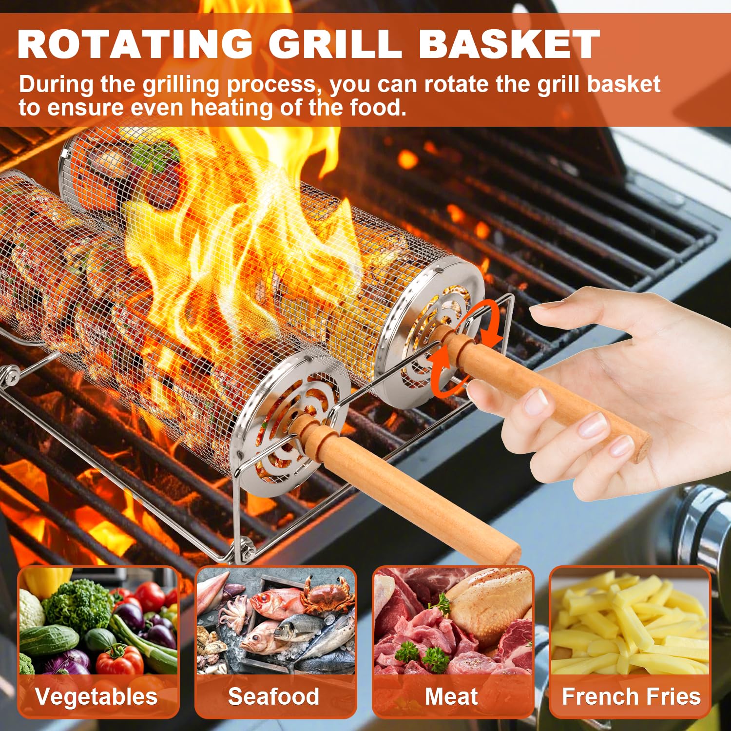 2 Stück Rollender Grillkorb Set, Zylindrischer Rotierender Grillkorb Edelstahl 304 mit Abnehmbarer Holzgriff und Halterung, GrillZubehör für Outdoor-Grill, Gemüse, Fleisch Garnelen