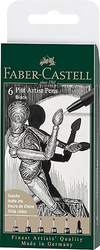 Faber-Castell PITT Artist Pen India Ink Pen - Cartera de 6 colores 199 negro - XXS, XS, S, F, M, 1.5, (167154)