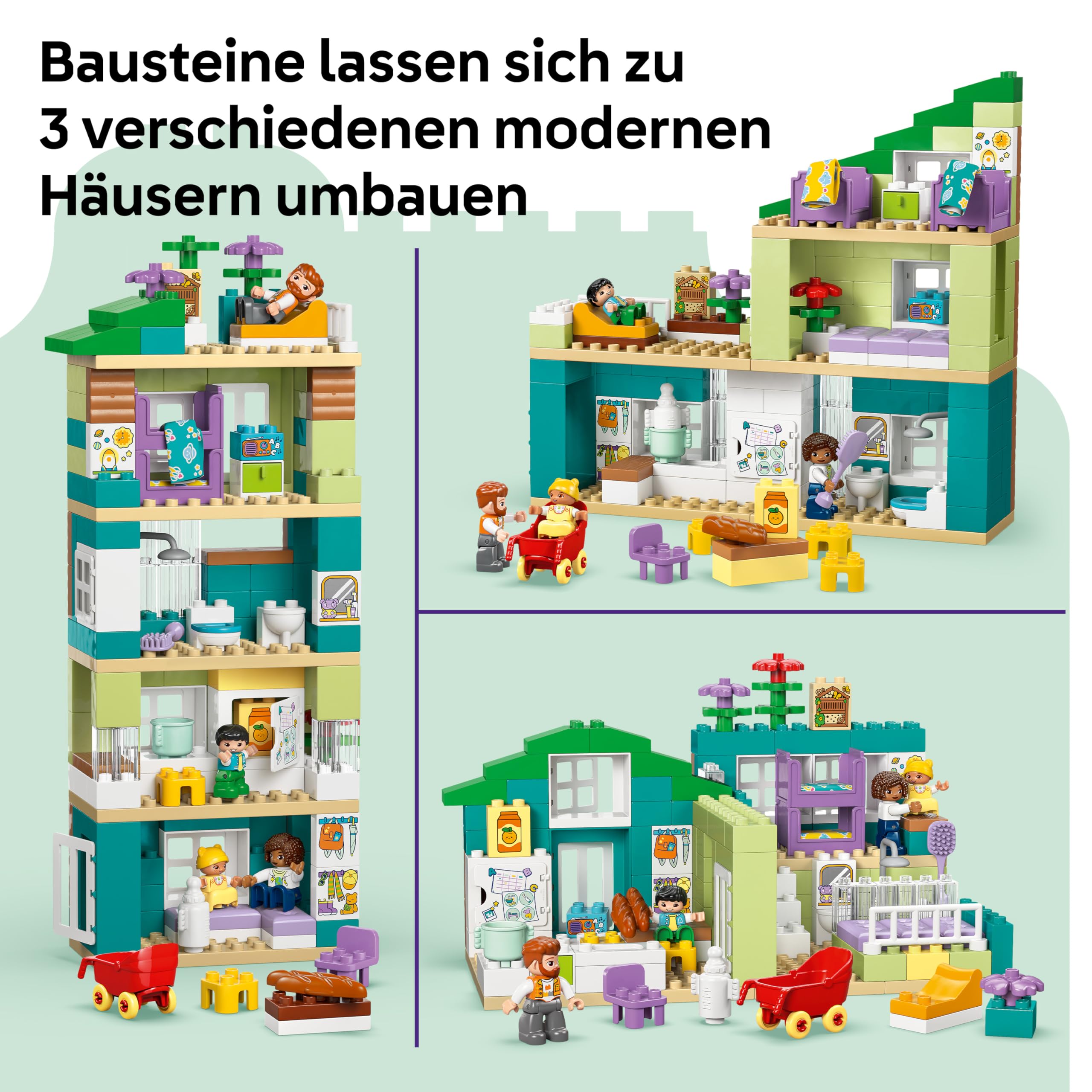LEGO DUPLO 3-in-1 Modernes Familienhaus mit Figuren - Kleinkinder Lernspielzeug für Feinmotorik - Montessori Spielzeug mit Puppenhaus Zubehör - Geschenk für Mädchen und Jungen ab 2 Jahren - 10470