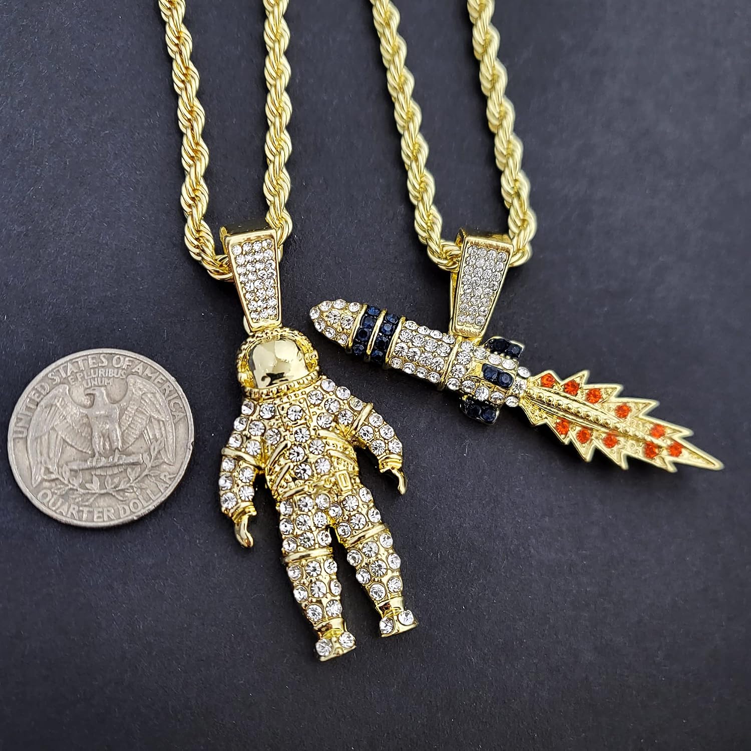Gold Silver Plated Simulated Diamond Iced Astronaut & Spaceship Rocket Pendant w/ 4mm 24" Rope Chain Necklace Gift Set