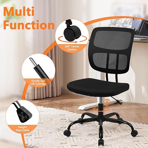 Miniatura 5 de CLATINA Silla de oficina en casa, sin brazos con ruedas, silla de escritorio pequeña de altura ajustable, sillas giratorias de trabajo de malla