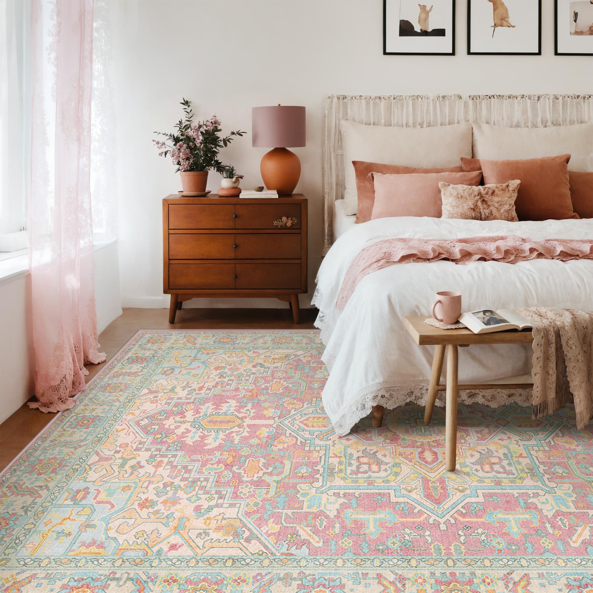 Kokia 4x6 Blush Pink and Blue Vintage Boho Oriental Soft Washable Area Rug