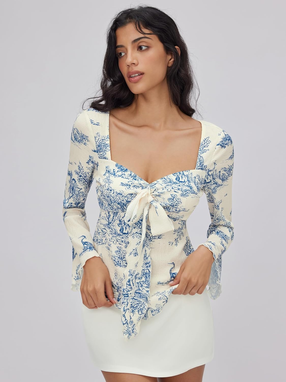 CIDER Cute Going Out Tops for Women Floral Print Flowy Tops Tie Front Long Bell Sleeve V Neck Y2K Top Trendy Fall Spring - Image 3