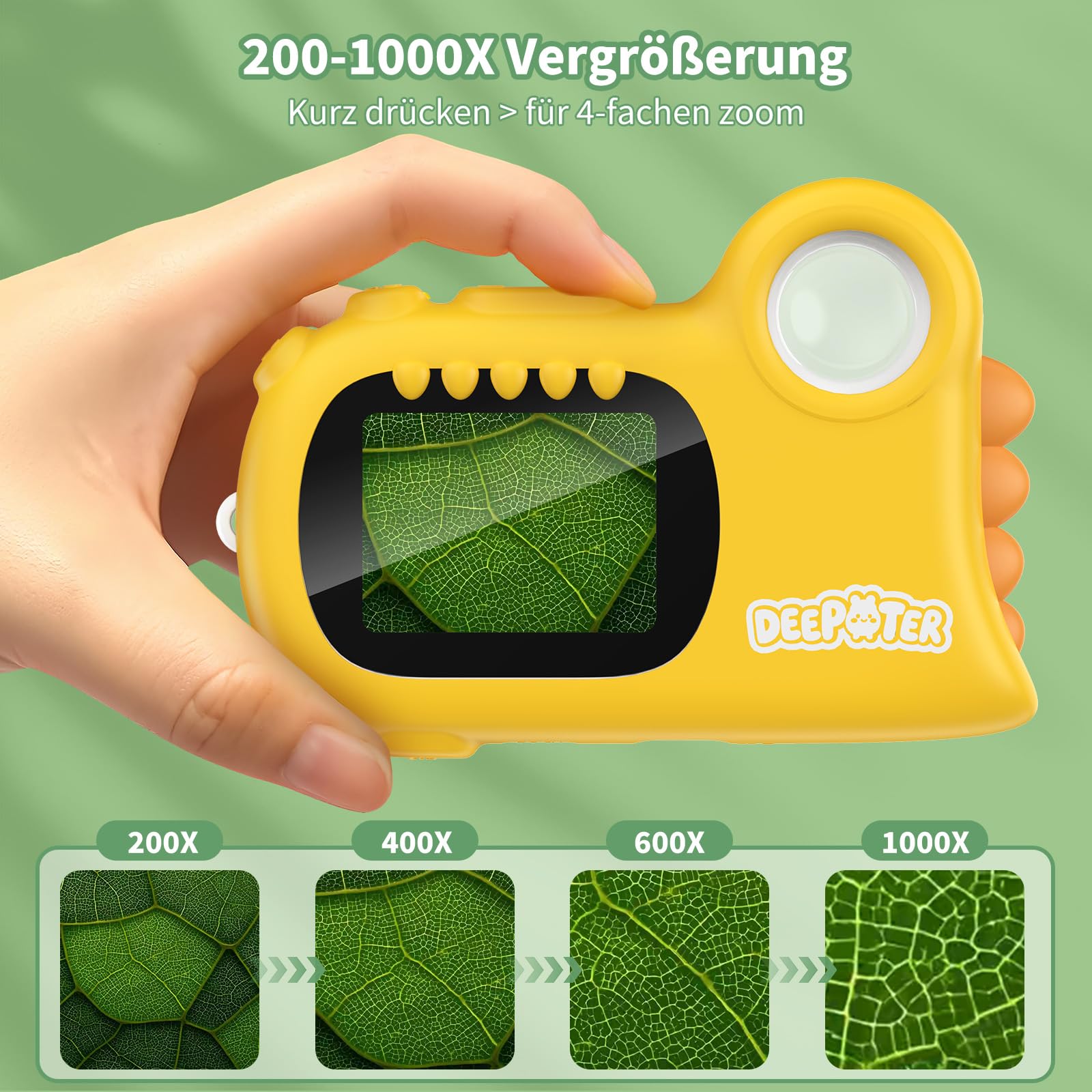 2 in 1 Mikroskop für Kinder 3–12 Jahren, Gelb | 1000X Mikroskop Digital mit 2.0" IPS, Handy USB Mikroskop mit 8 LEDs, Taschenmikroskop für Weihnachten, Geburtstagsgeschenke
