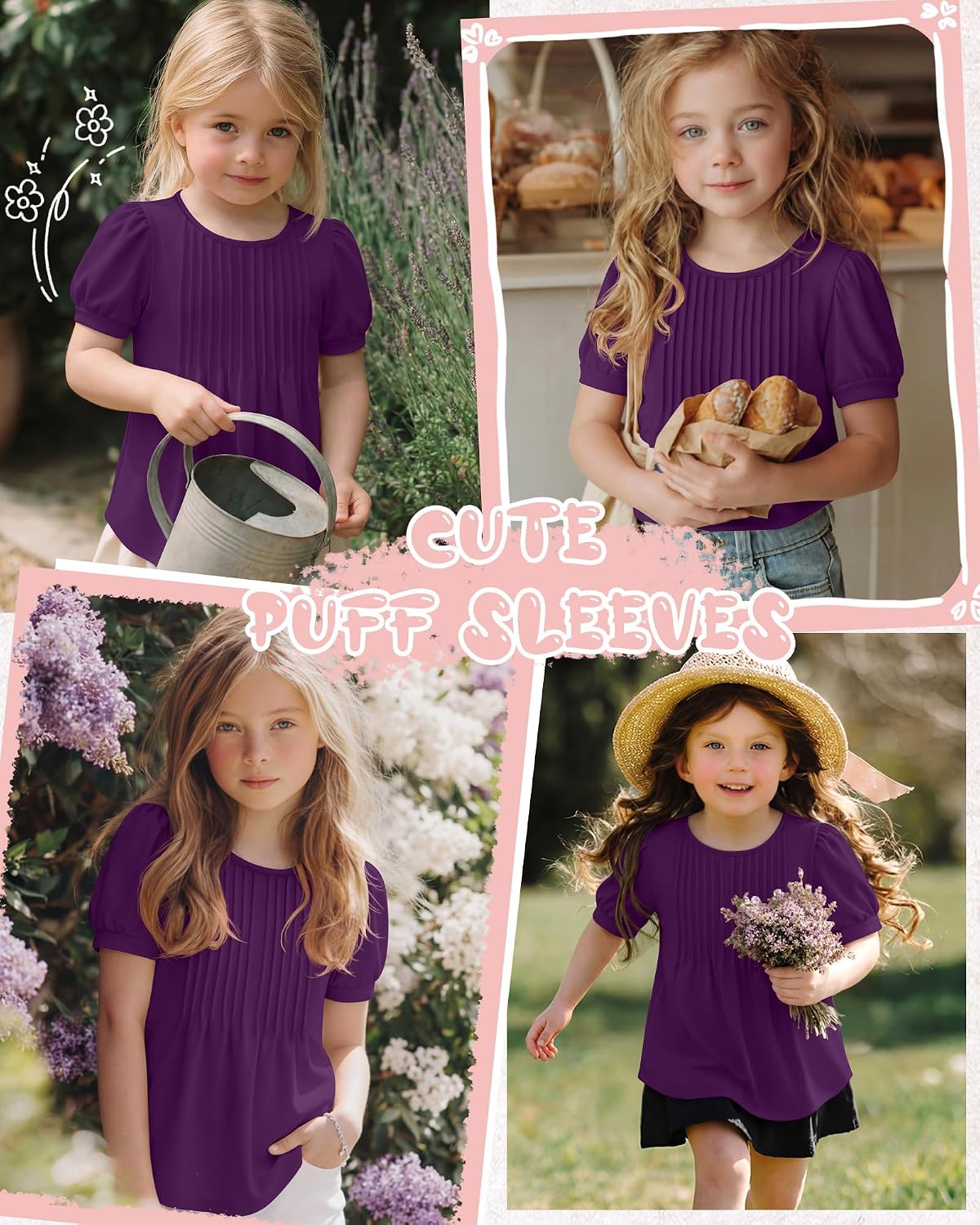 Ficerd Toddler T-Shirts Girls Short Sleeve Tunic Pleated Tees Baby Basic Casual Round Neck Kids Summer Loose Fit Soft Tops