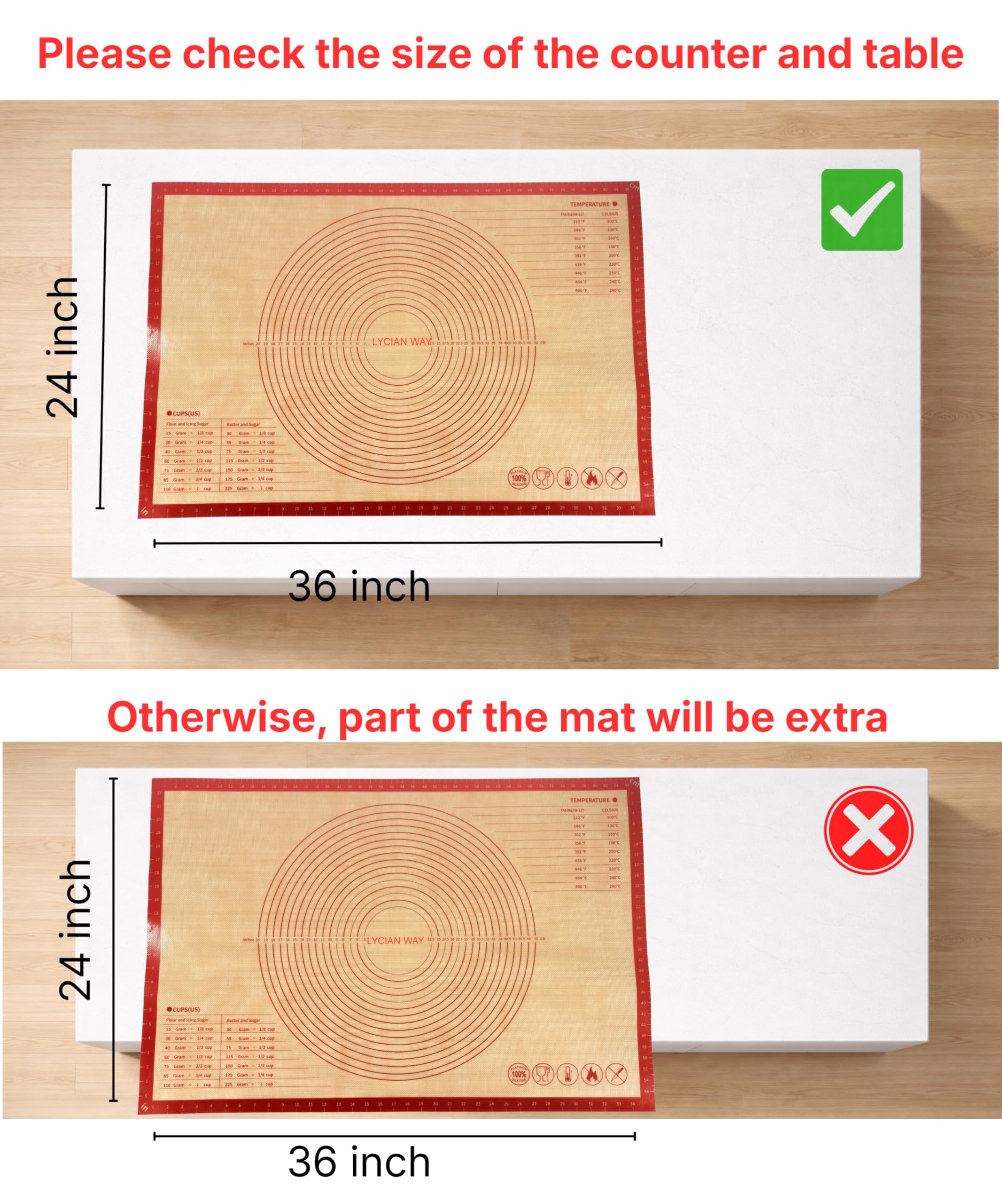Tapis de pâtisserie en silicone avec mesures, 91,4 x 61 cm, extra épais, antidérapant, antiadhésif, XL, pour rouler la pâte, pétrir, fondant et tarte, rouge
