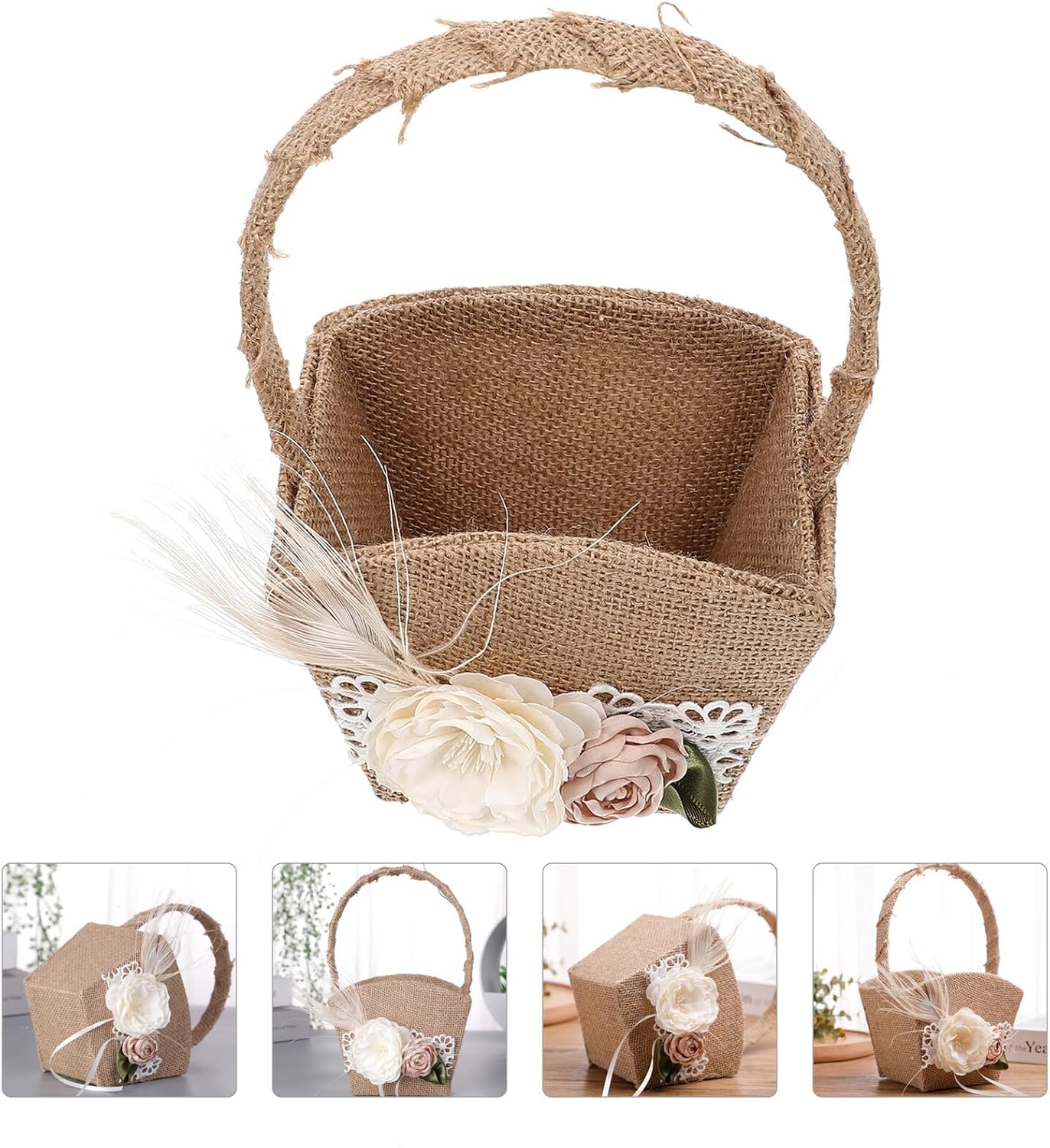Rustic Wedding Flower Girl Basket with Plume Bow Linen Petal Holder Decorative Basket for Flower Ceremony Supplies