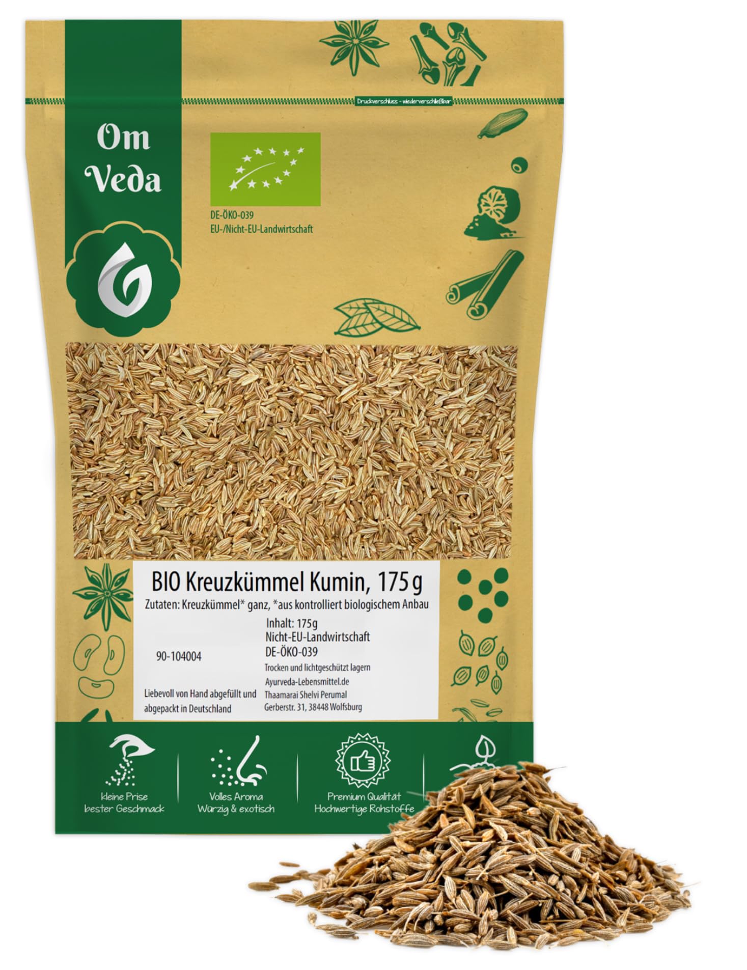 BIO Kreuzkümmel Samen Ganz 175g | Premium Cumin Seeds für Indische, Orientalische & Vegane Küche | Ideal für Curry, Gemüse, Chutneys, Pickles & Fleischgerichte | OmVeda Bio Gewürz DE-ÖKO-039