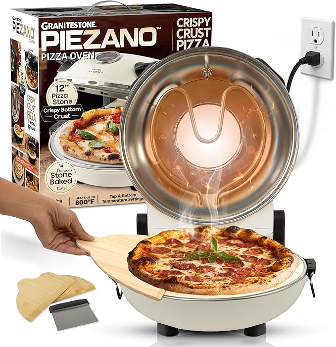 Cream-colored Piezano pizza oven with stone and wooden peels