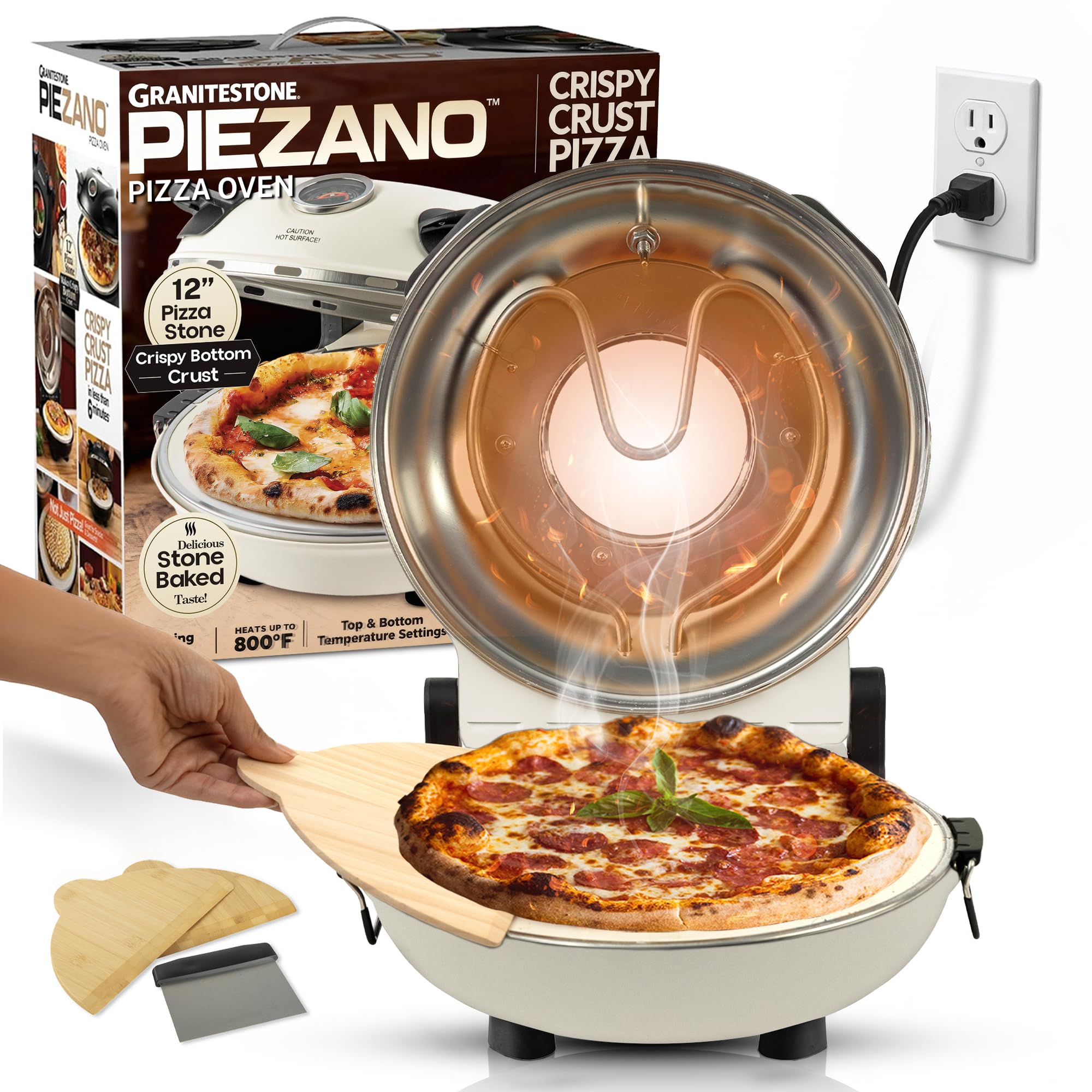 PIEZANO Crispy Crust Pizza Oven by Granitestone – 12 Inch Electric Pizza Oven Indoor Countertop Maker with Ceramic Stone Heats up to 800˚F for