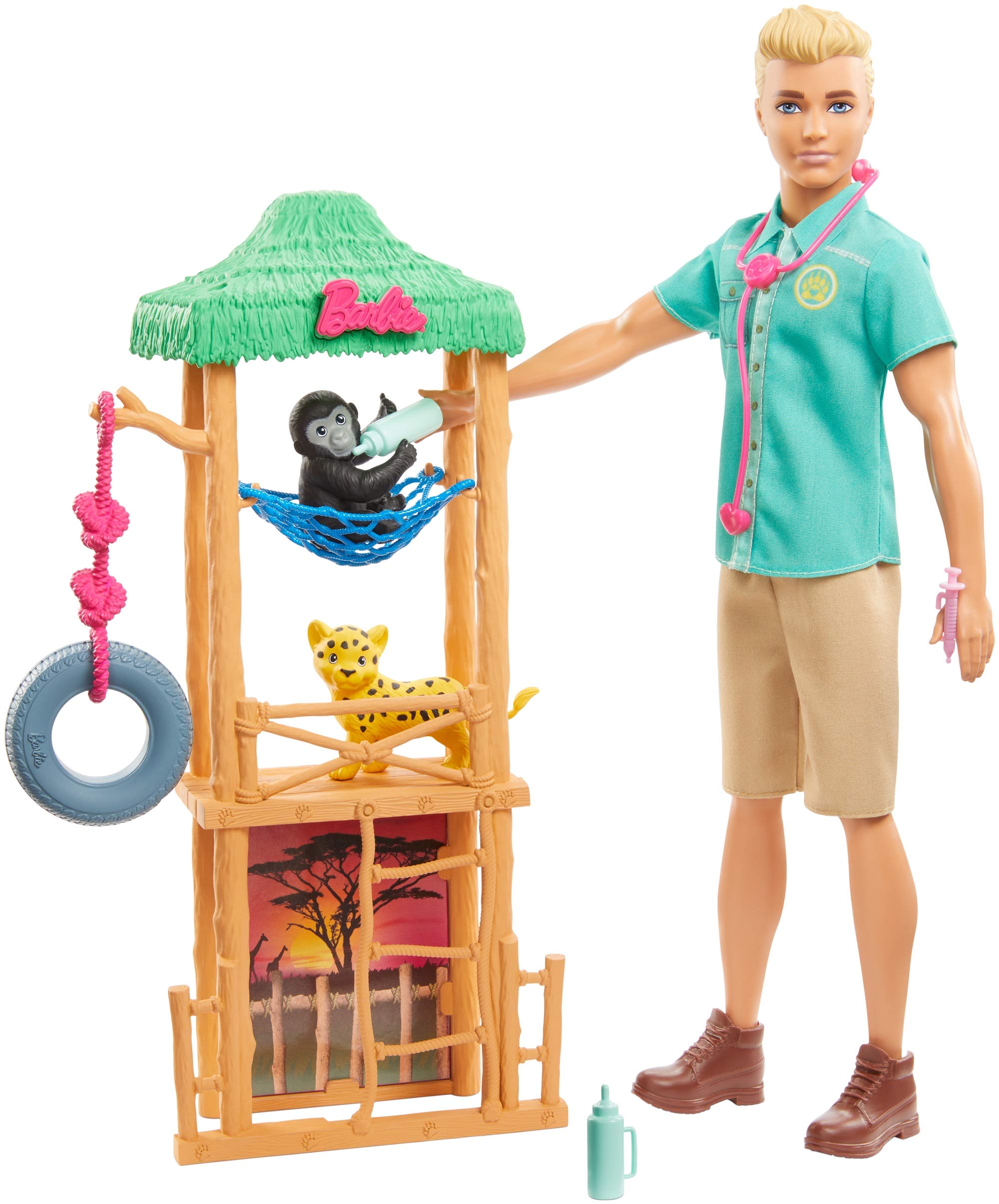 Ken Wildlife Vet Playset with Doll, Vet Care Station, Baby Cheetah and Monkey Figures and Related Animal Caretaking Access...
