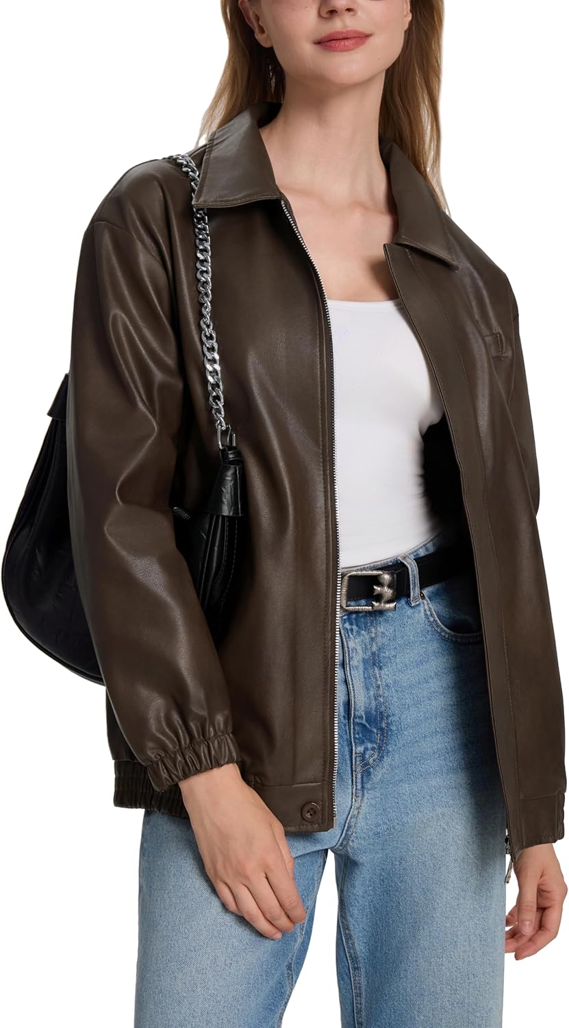 Womens Oversized Faux Leather Winter Bomber Jackets For Women Y2k Fashion Motorcycle Going Out Jacket Coffee XL