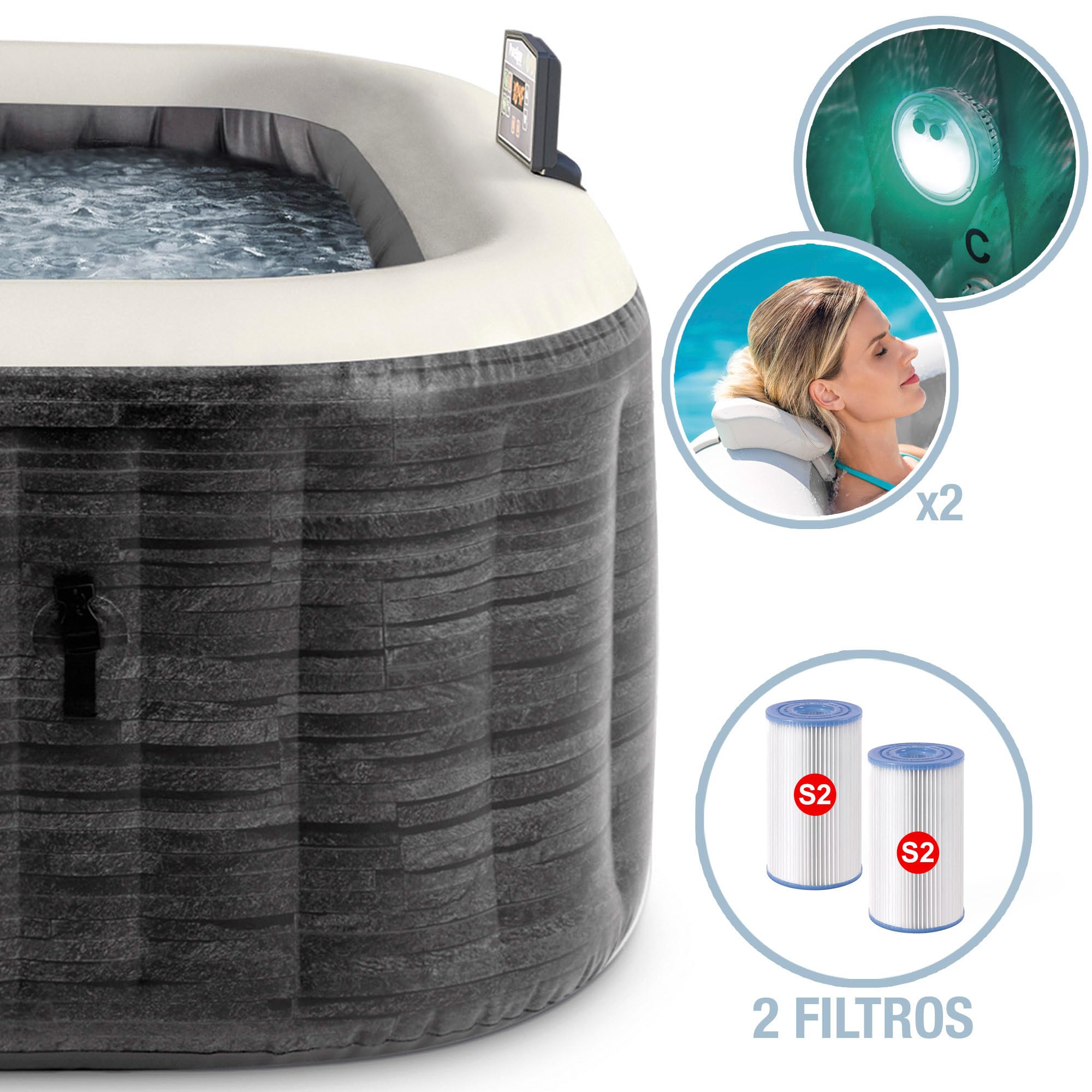 Intex Spa hinchable cuadrado Greystone Deluxe 4 personas, 175x175x71 cm, Calentador 2.200 W, Burbujas aire caliente, Clorador salino, Depuradora con filtro S2 (1.741 l/h), Accesorios incluidos (55093)