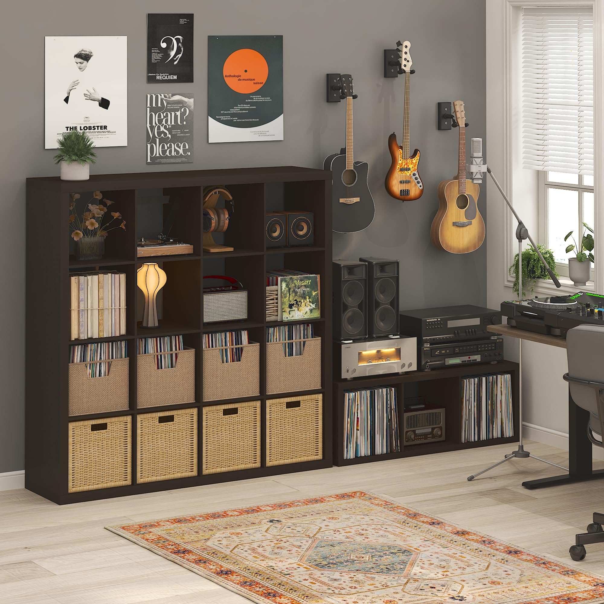 Furinno CUBICLE Mobile per Giradischi con Raccoglitore per Vinili, 3-Cube 1.2 Extra Spesso Raccoglitore per Dischi in Vinile, Scaffale Multimediale per CD DVD Dischi, Rovere Scuro Nero