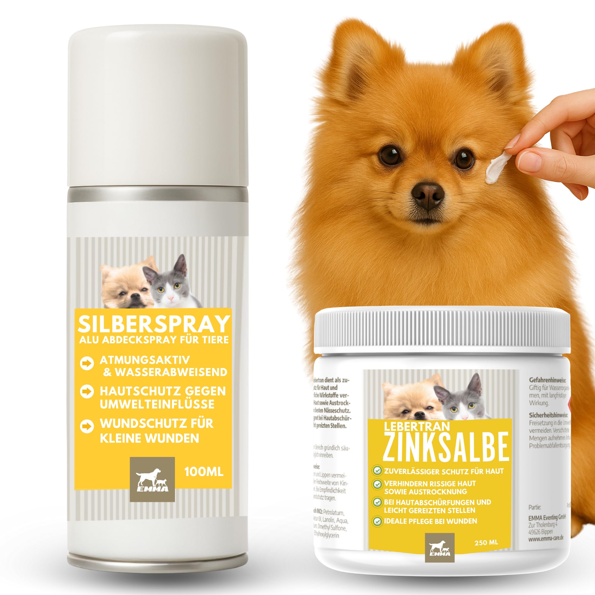 EMMA Spray de Plata + Aceite de hígado de Bacalao pomada de Zinc I Spray de Plata para la curación de heridas, pomada para la desinfección de heridas I Parche en Spray para Perros 250 ml 100ml