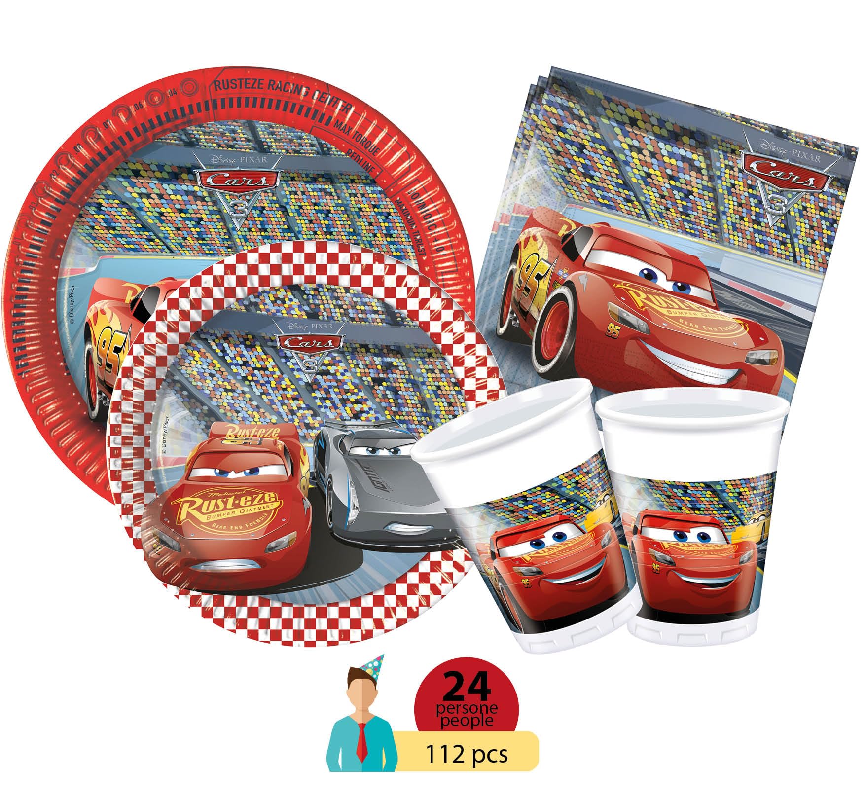 Party Tableware Set Disney Cars 3 for 24 people (112 pcs: 24 paper plates Ø23cm, 24 paper plates Ø20cm, 24 cups 200ml, 40 paper napkins 33x33cm)