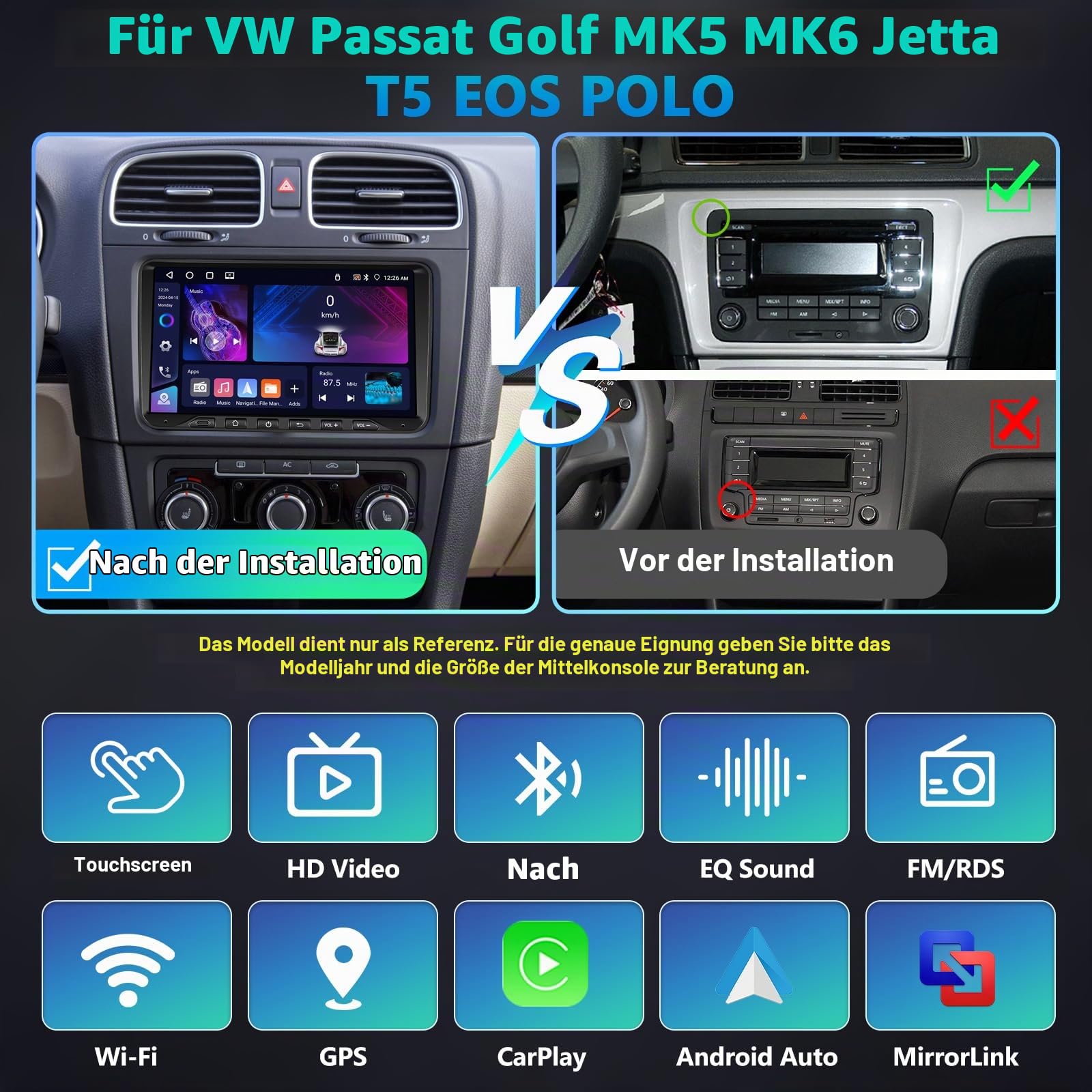 4GB+64GB Autoradio für VW Passat B6 T5 Golf 5 6 Polo 6R Tiguan T5 Jetta Seat Skoda mit Kabellosem Carplay, Android Auto GPS Bluetooth WiFi FM/RDS SWC Canbus EQ + AHD Rückfahrkamera