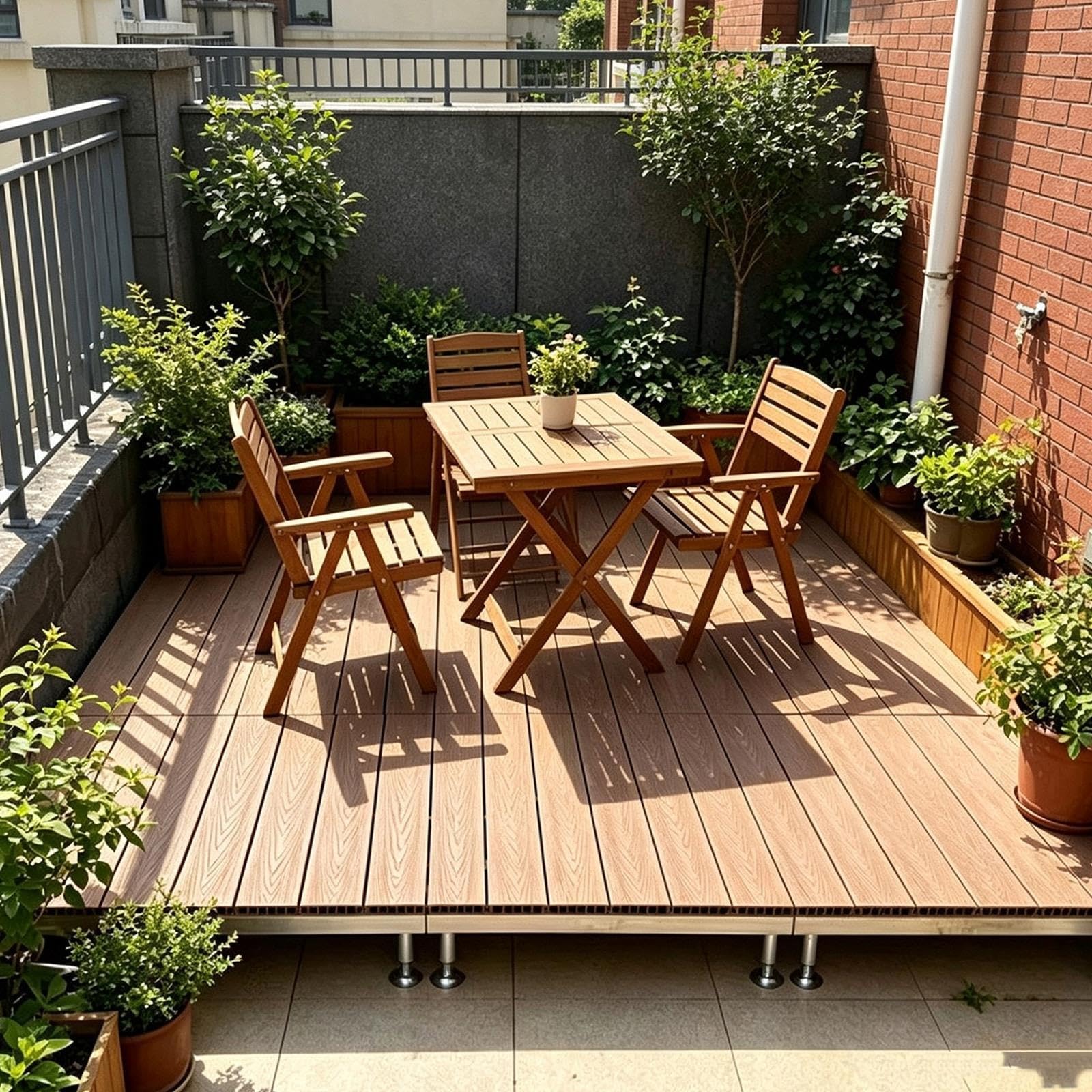 Piattaforma Rialzata In WPC Con Piastrelle In Composito Impermeabile | Modulare regolabile ad incastro per esterni, Pavimentazione per giardino, patio, prato(Light brown)