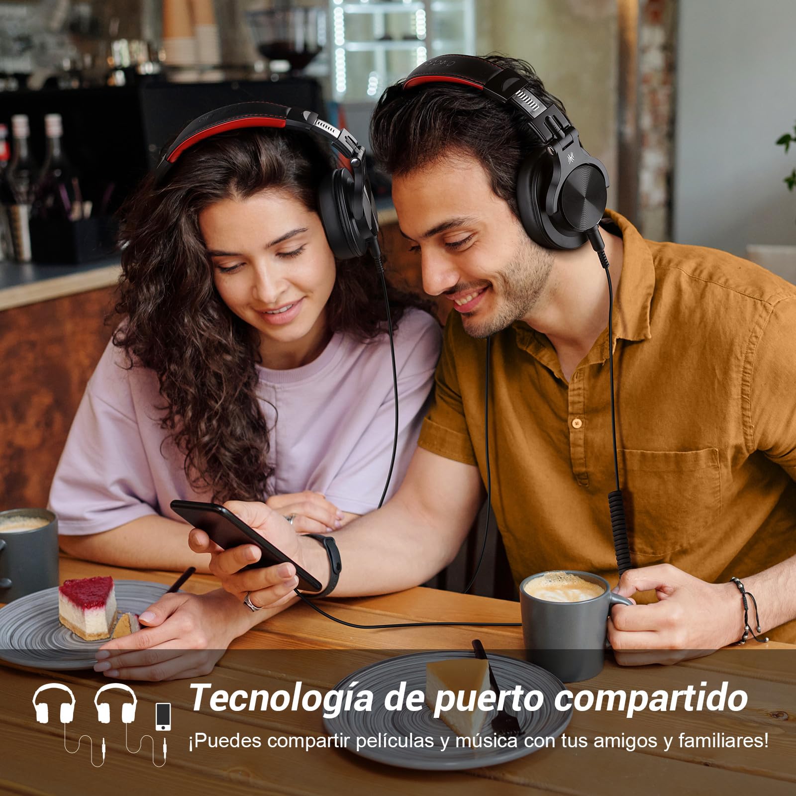 OneOdio A70 Auricurales Bluetooth Inalambricos 72H, Auriculares Diadema Cerrados con Puerto Compartido, Auriculares Cable de 3.5mm para DJ Piano Guitarra Grabación y Monitoreo AMP, Rojo
