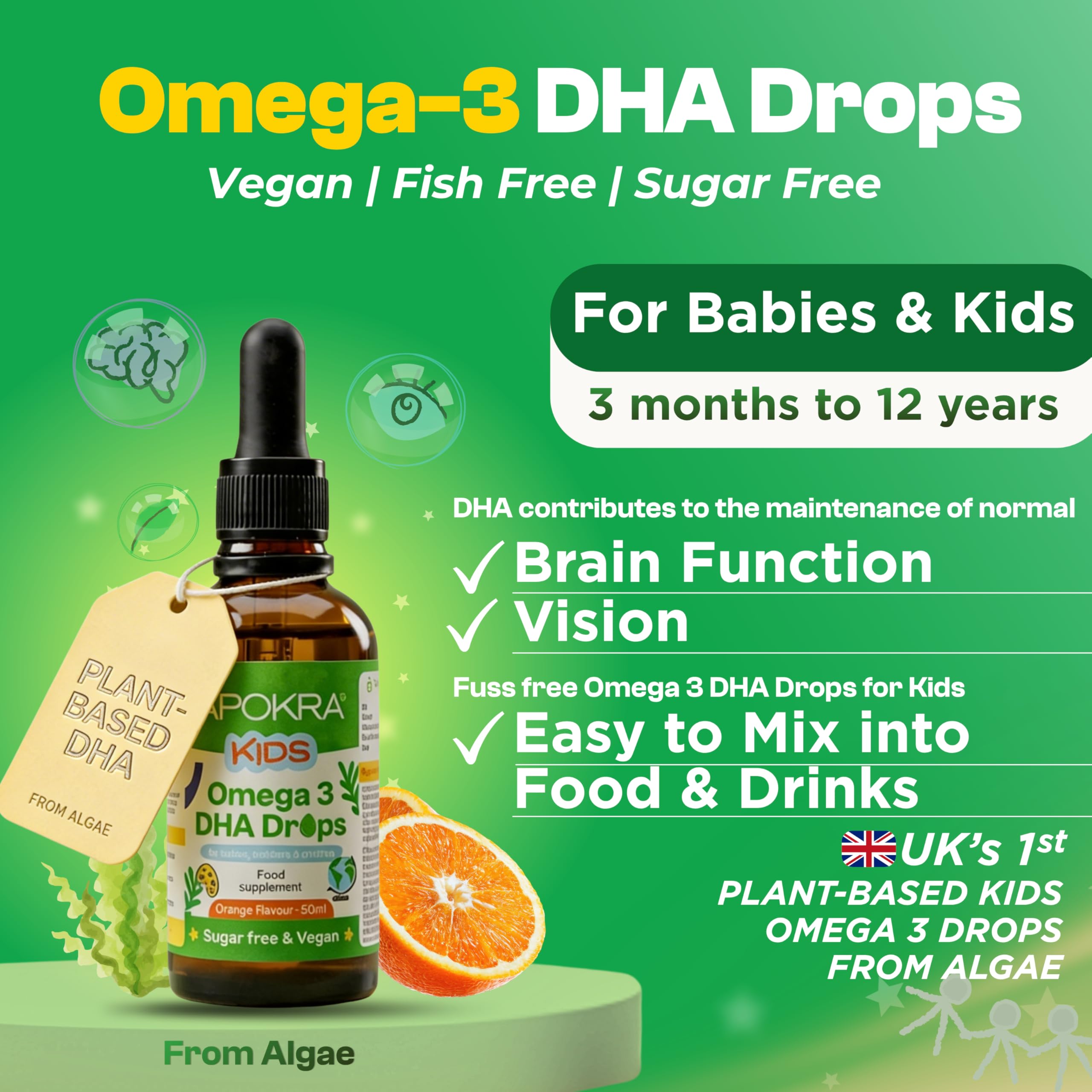 Omega 3 Vegano de DHA para Niños - 50mL - Sin Sabor a Pescado - Sin Conservantes y Sin Azúcar. Alternativa Sostenible de Algas al Aceite de Pescado | APOKRA Kids