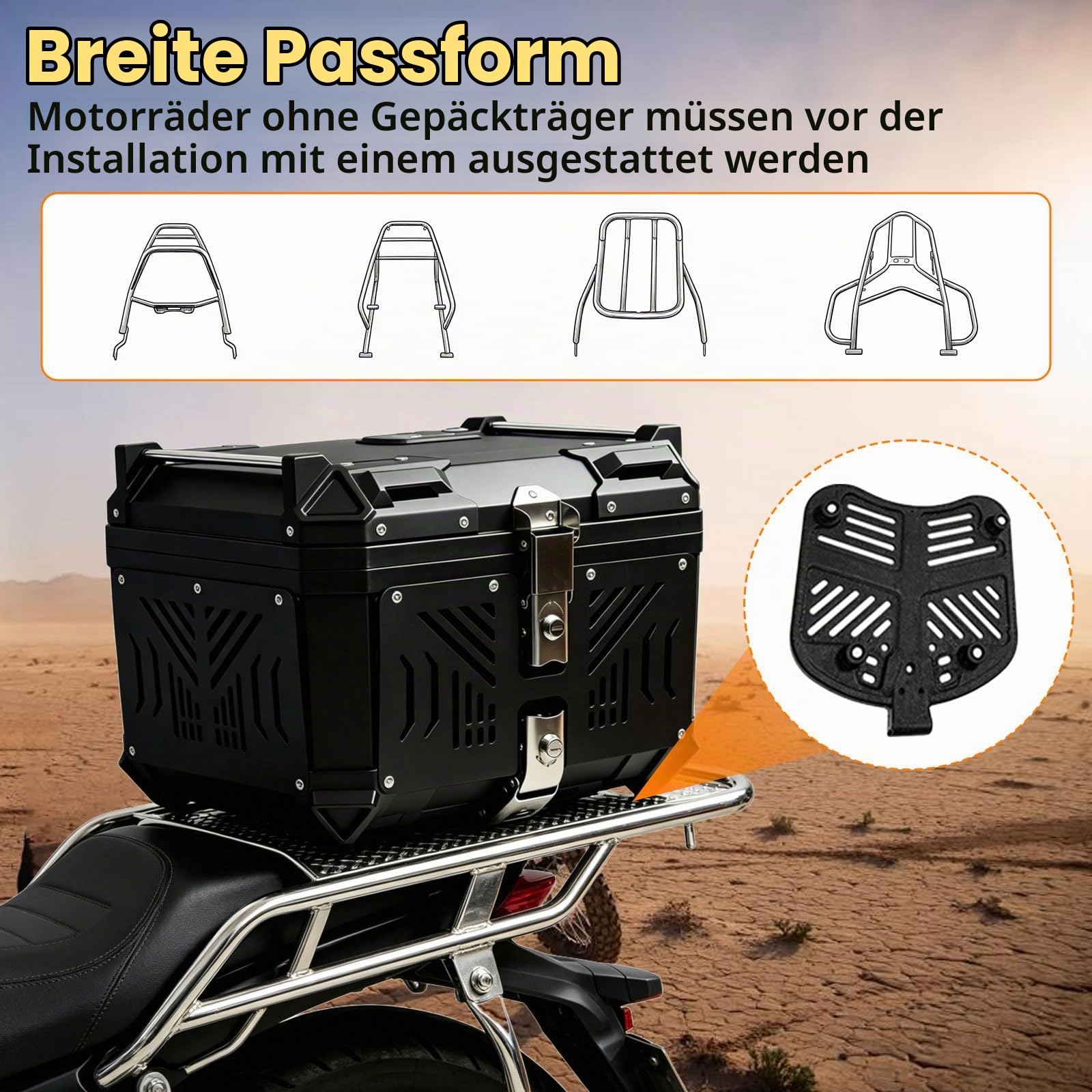45L Motorrad Topcase wasserdicht mit Sicherheitsschloss, Aluminiumlegierung Motorradkoffer mit Kohlenstoffstahl-Bodenplatte & Diebstahlsicherung mit Federverriegelung, 40*33*33cm für Helm & Zubehör