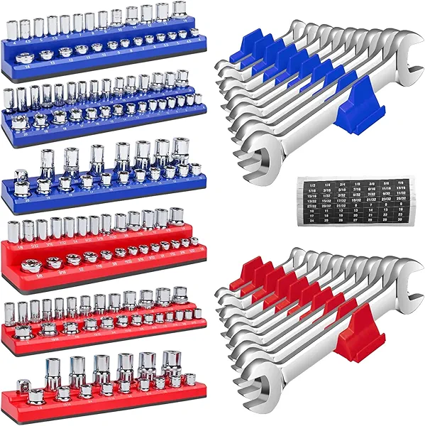 CoolTask Magnetic Socket Organizer Set 8Pcs - Wrench and Socket Holder for 1/4", 3/8", 1/2" Drive Tool Box Storage with Strong Magnet, Tool Box Accessories (Sockets/Wrenches Not Included)