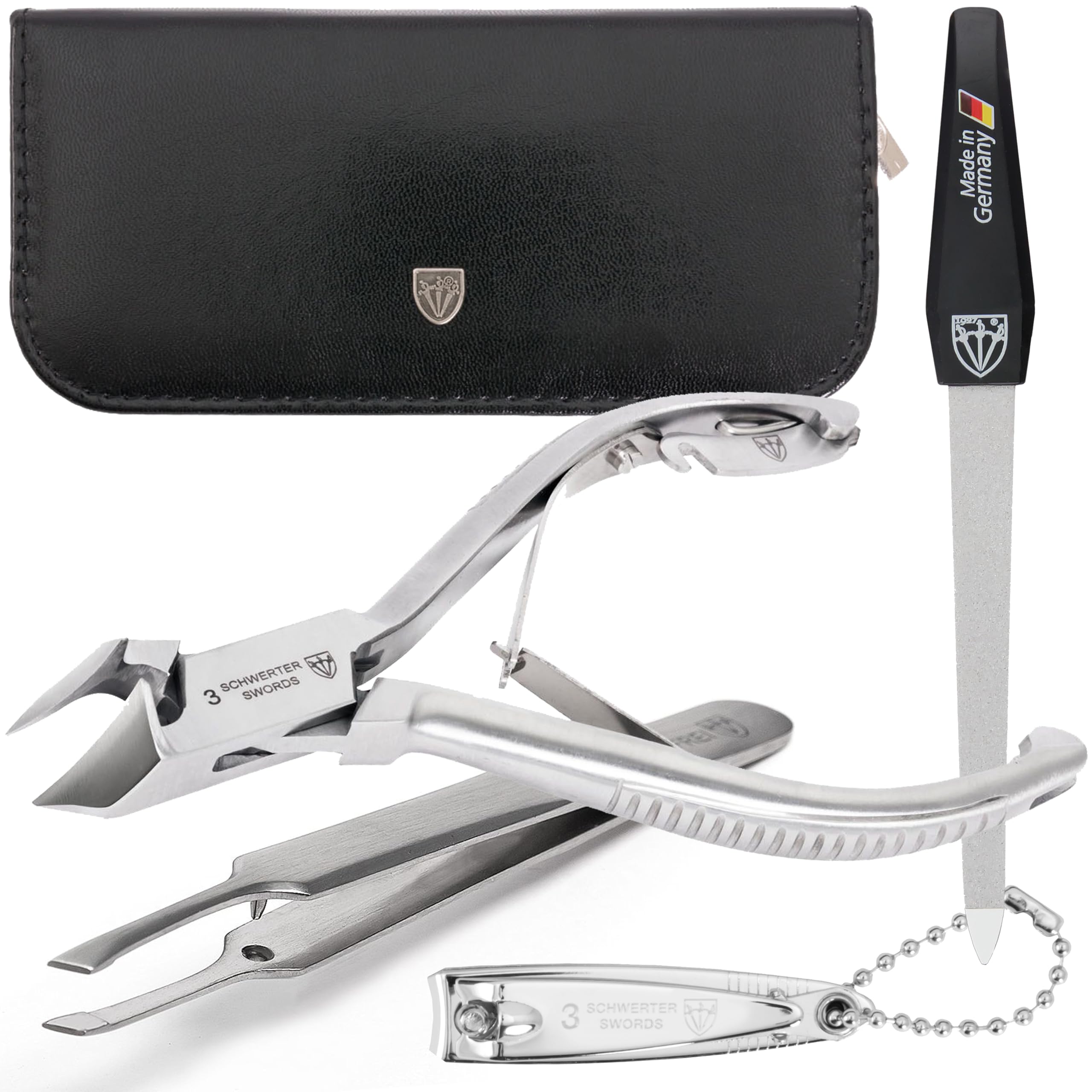 3 Swords Germany - Brand Quality Professional Toe Nail Nipper Set Stainless Steel INOX Wave Nipper, Head Cutter, Nail File Finger Clipper, Tweezers