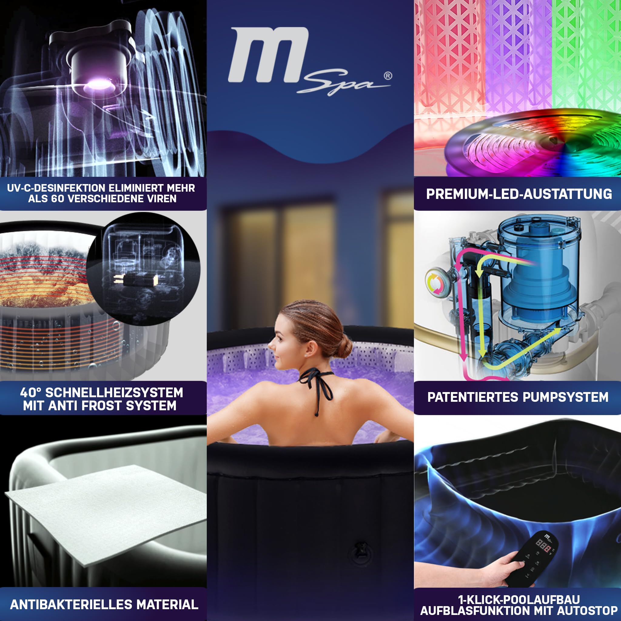 Miweba MSpa Whirlpool Outdoor Aurora | RGB LED Beleuchtung - 6 Personen Pool aufblasbar - UVC+ Wasserreinigung - Spa ⌀ 204.0 cm - Aufstellpool mit Fernbedienung - Hot Tub - Aufblasbarer Whirlpool