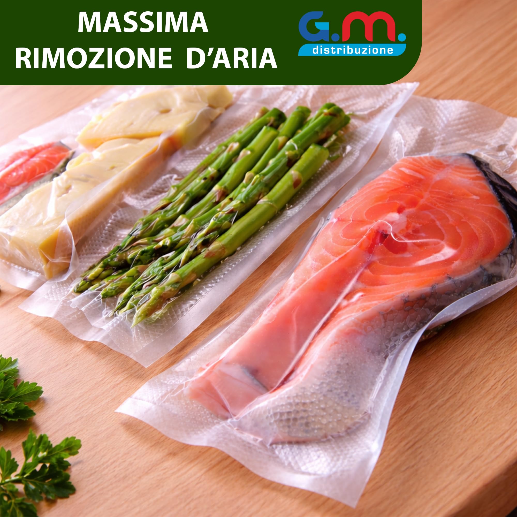 GM 100 Sacchetti Sottovuoto Goffrati per Alimenti 15x25(50) 20x30(50) Buste Sottovuoto Adatte per Cottura Bassa Temperatura, per tutte le Macchine, Senza BPA