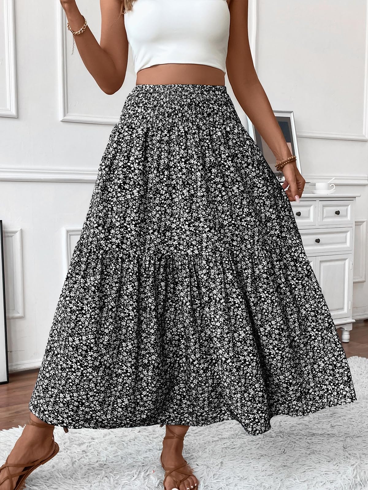 LIAMERHE Jupe Longue Femme d'été Maxi Jupe Bohème Ligne A Taille Haute Élastique Jupes Imprimé Jupe de Plage Jupe de Loisirs Décontractée Chic Taille Unique