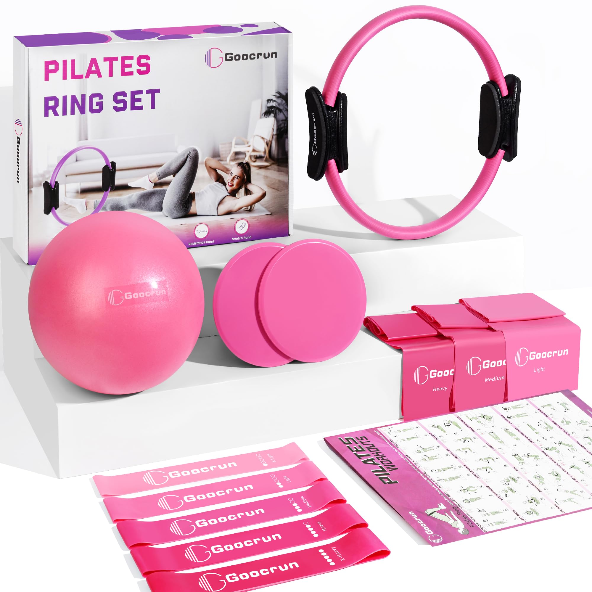 Goocrun Ensemble d'anneaux de Pilates avec bandes de résistance, ballon et disque de glissement