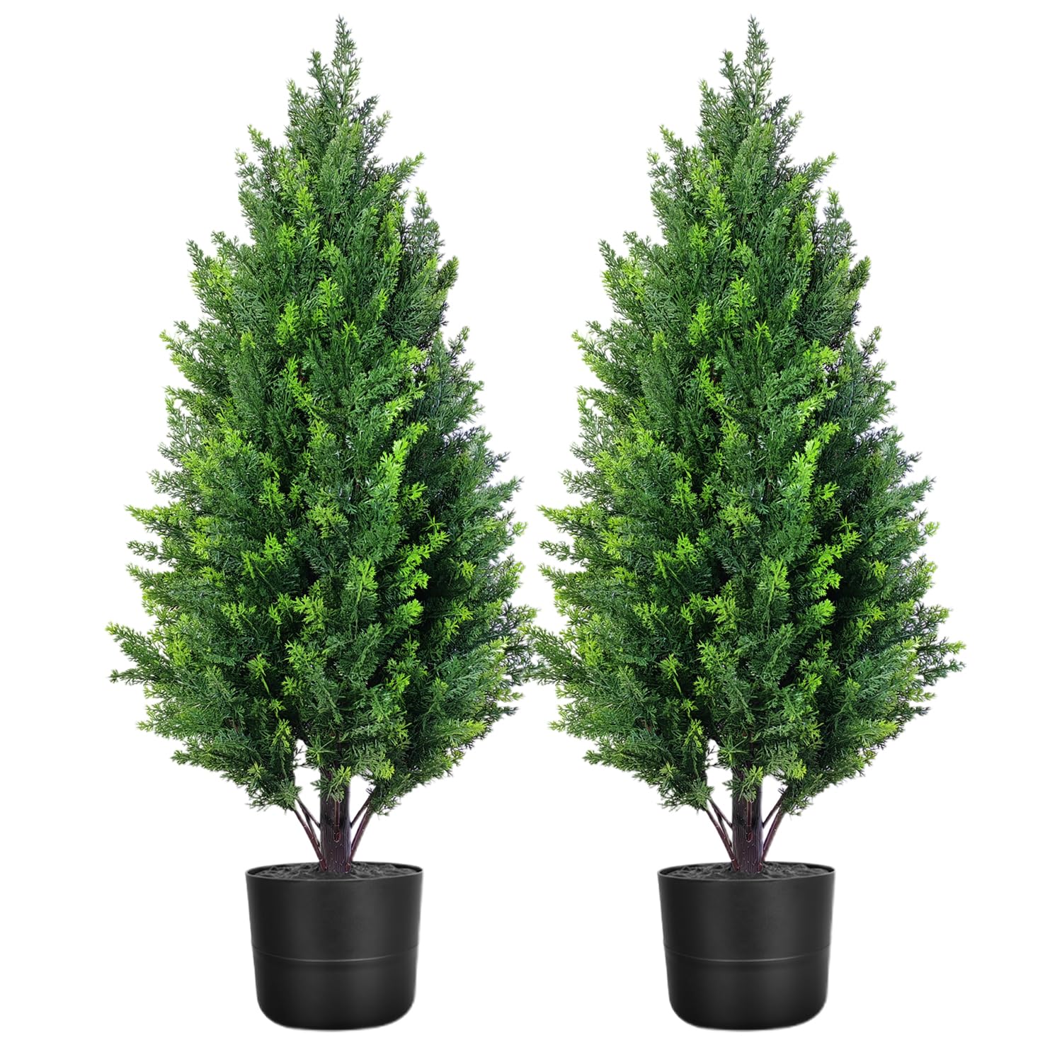 Photo 1 of 2 Pack 3FT Faux Topiary Cedar Trees, Realistic Outdoor Artificial Evergreen Plants with Pots, UV Resistant Topiaries Bushes, Potted Fake Cypress Tree Shrubs for Porch Garden Home Office Spring Decor